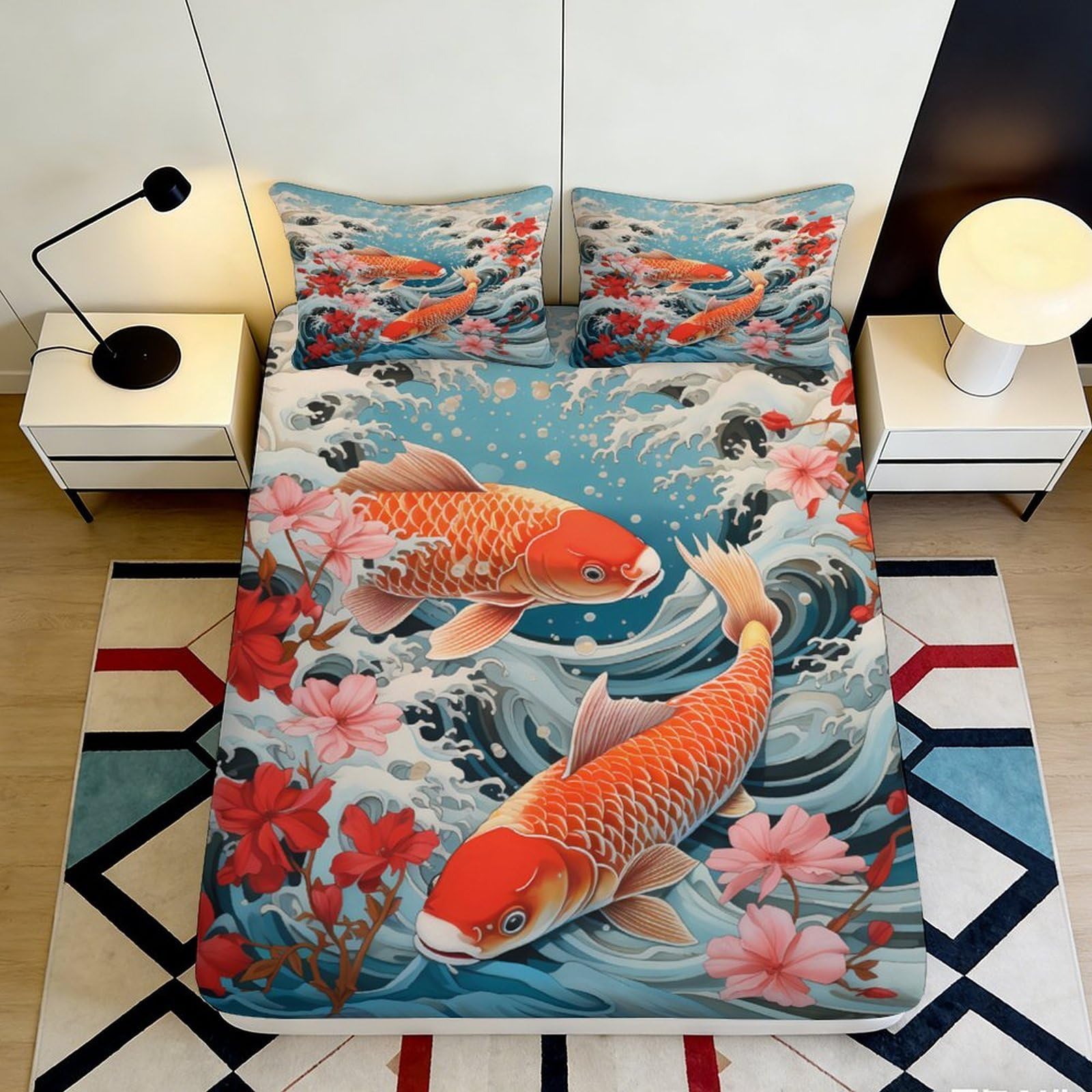 Dhbaneiok Style-9 3D Printed Koi Fish Fitted Sheet Microfiber Soft Red Blue Floral Waves Mattress Cover For Bedroom Dorm Decor 90X200x25cm