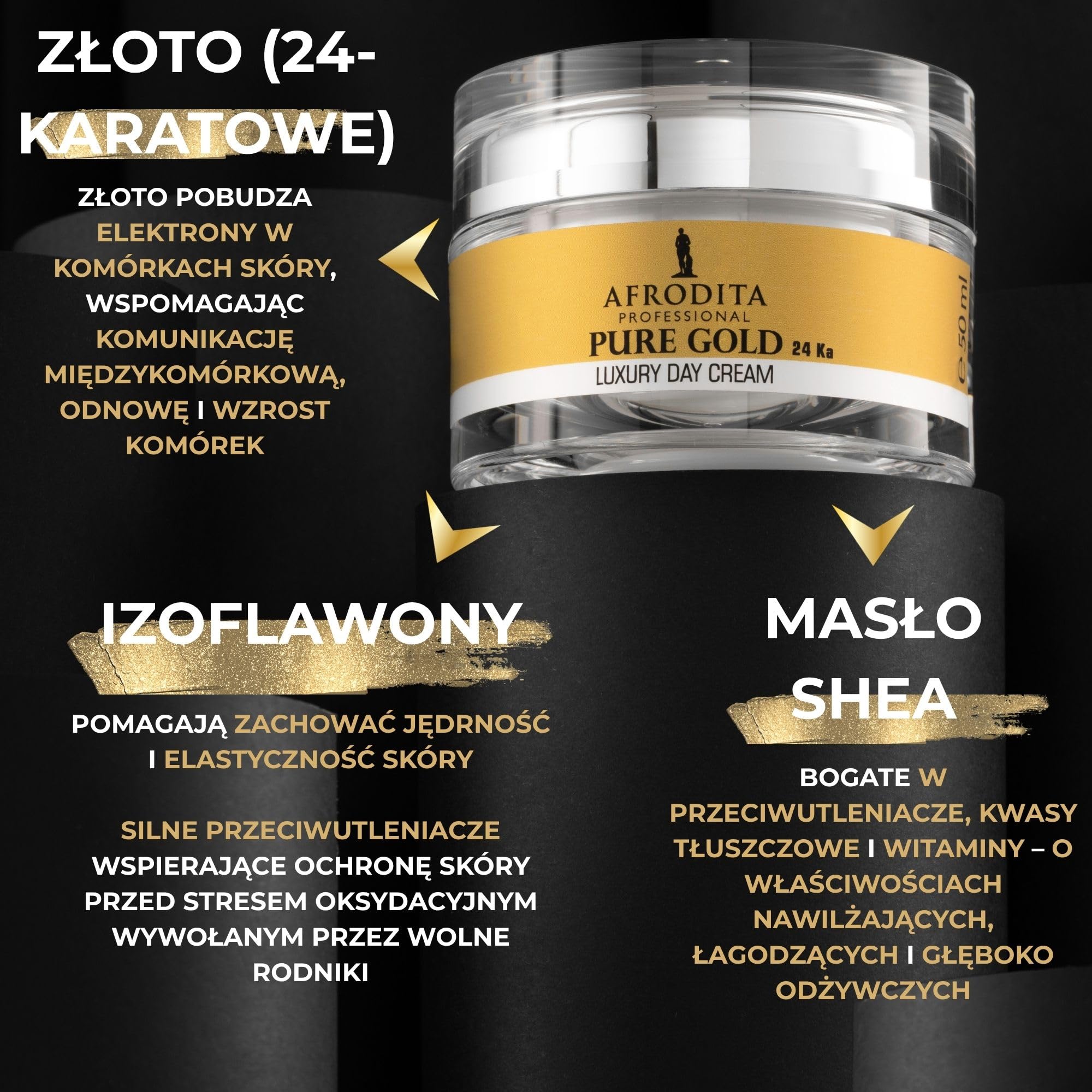 Afrodita Professional Pure Gold 24 Ka luksusowy krem na dzień l 50 ml l wydajna formuła przeciwstarzeniowa z cząsteczkami czystego 24-karatowego złota