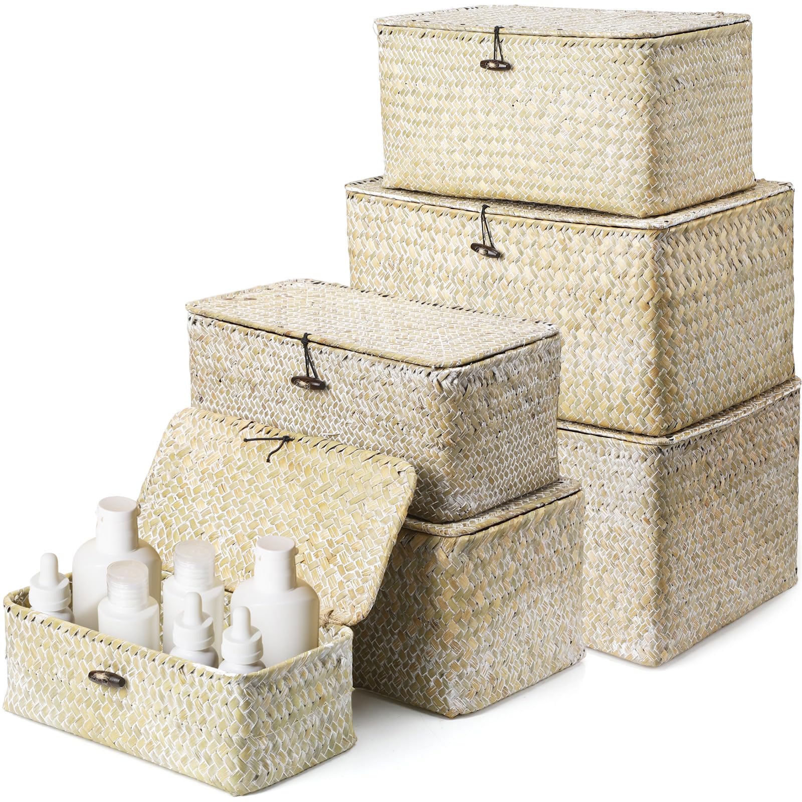 6 Pcs Wicker Baskets with Lids Seagrass Storage Basket Handwoven Wicker Storage Bins Woven Organizer Baskets Rectangular Basket Boxes for Shelf Closet Bedroom (White)