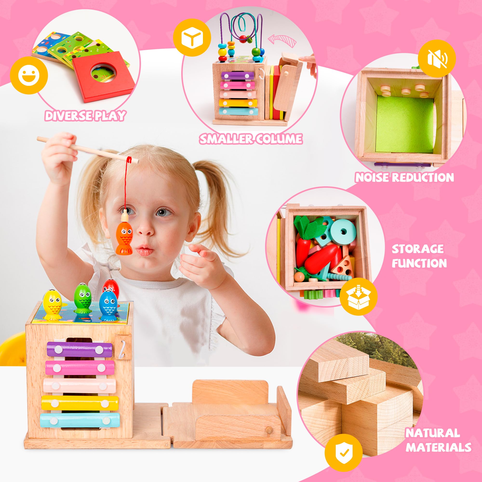 NUKied Montessori Jouet Bebe 1 2 3 an |9 en 1 Cube d'activités motrices dès |Frapper la Balle,Formes À Trier Empiler Jeu,Jouet de Récolte de Carottes,Jouet en Bois pour Cadeau Fille Garcon Bébés