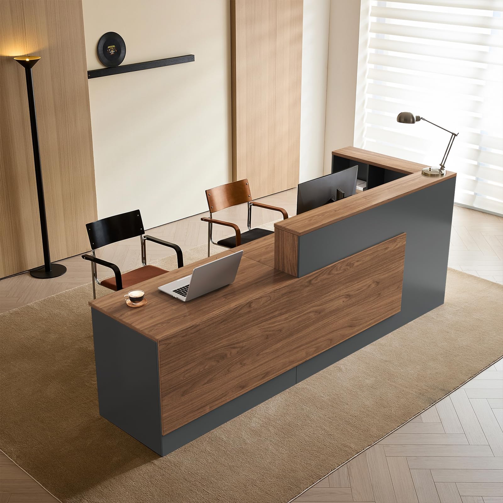 87" L-Shaped Reception Desk with Counter, Front Desk with Lockable Drawer, Keyboard Tray & Shelves for Salon, Clinic, Retail & Office Lobby, Iron Gray & Walnut Brown, Left Cabinet