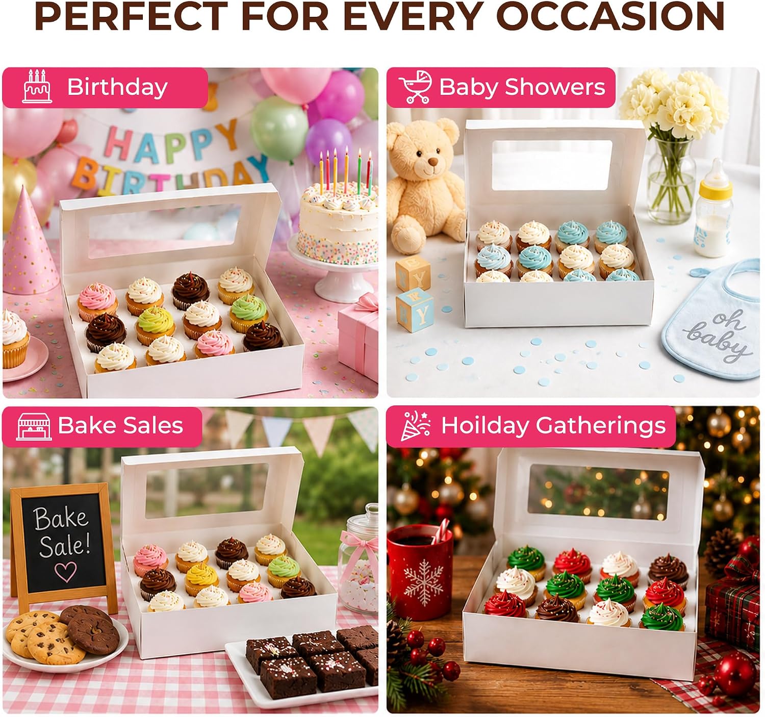 LotFancy 12 Count Cupcake Boxes, 8 Pack, White, 13x10x3.5 Inches