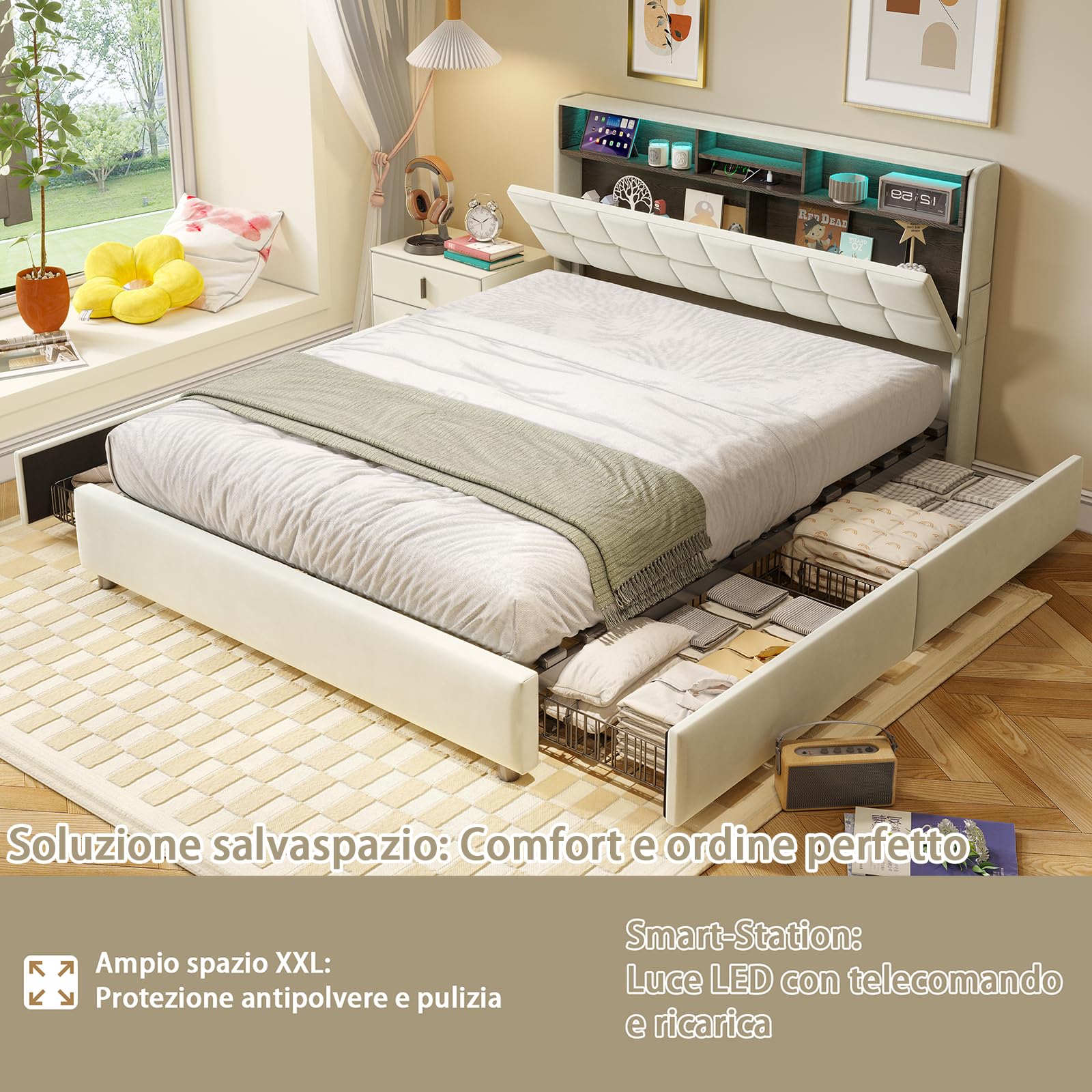 Camas Matrimoniales 160x200 con Luces LED y USB C, Cama Tapizada en Terciopelo con 4 Cajones y Cabecero Almacenaje Multifuncional,Somier Madera,Marco metálico,para Todas Las Edades(Beige-500KG