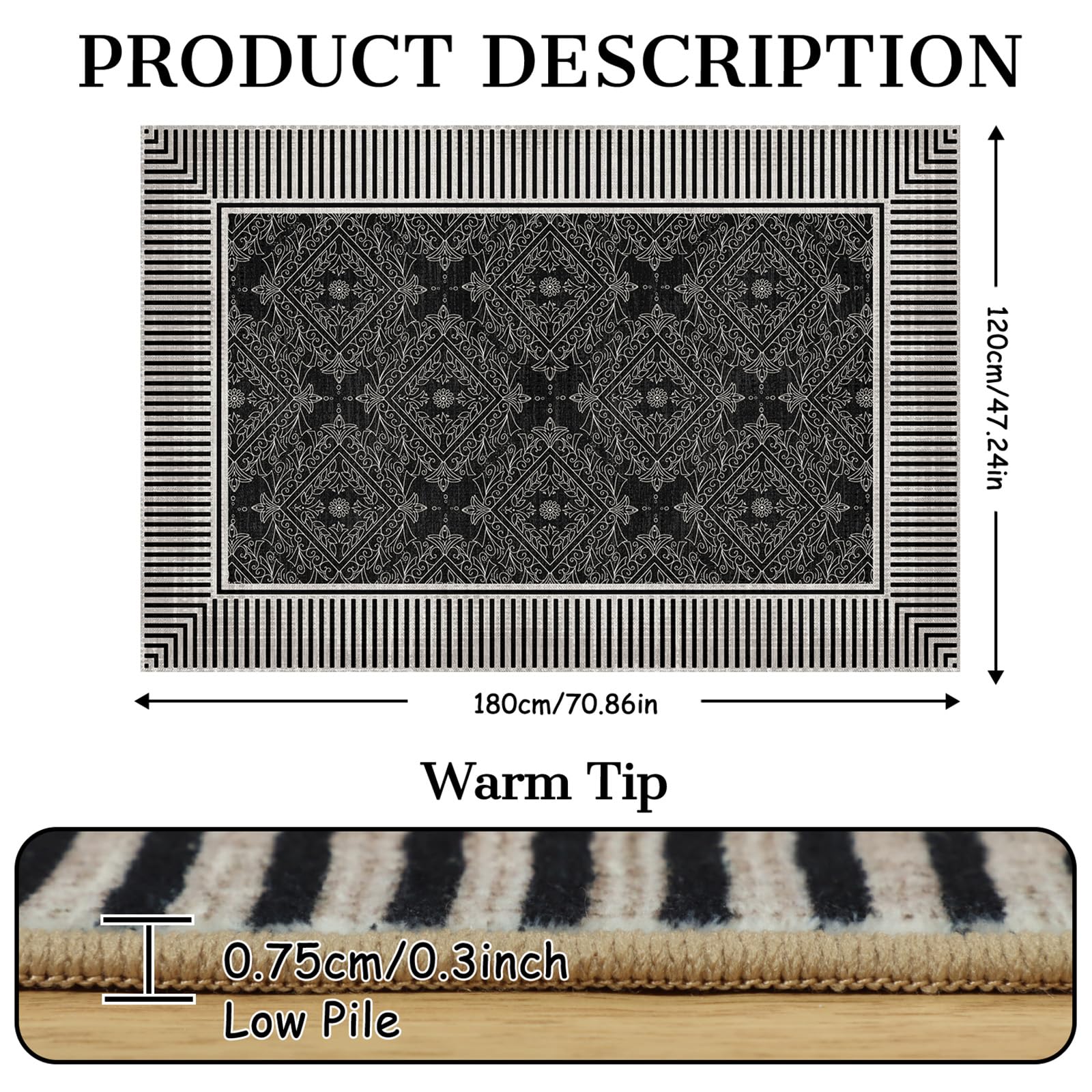Geanup Striped Area Rugs for Living Room 120×180cm, Black Modern Washable Bedroom Rug - Image 2