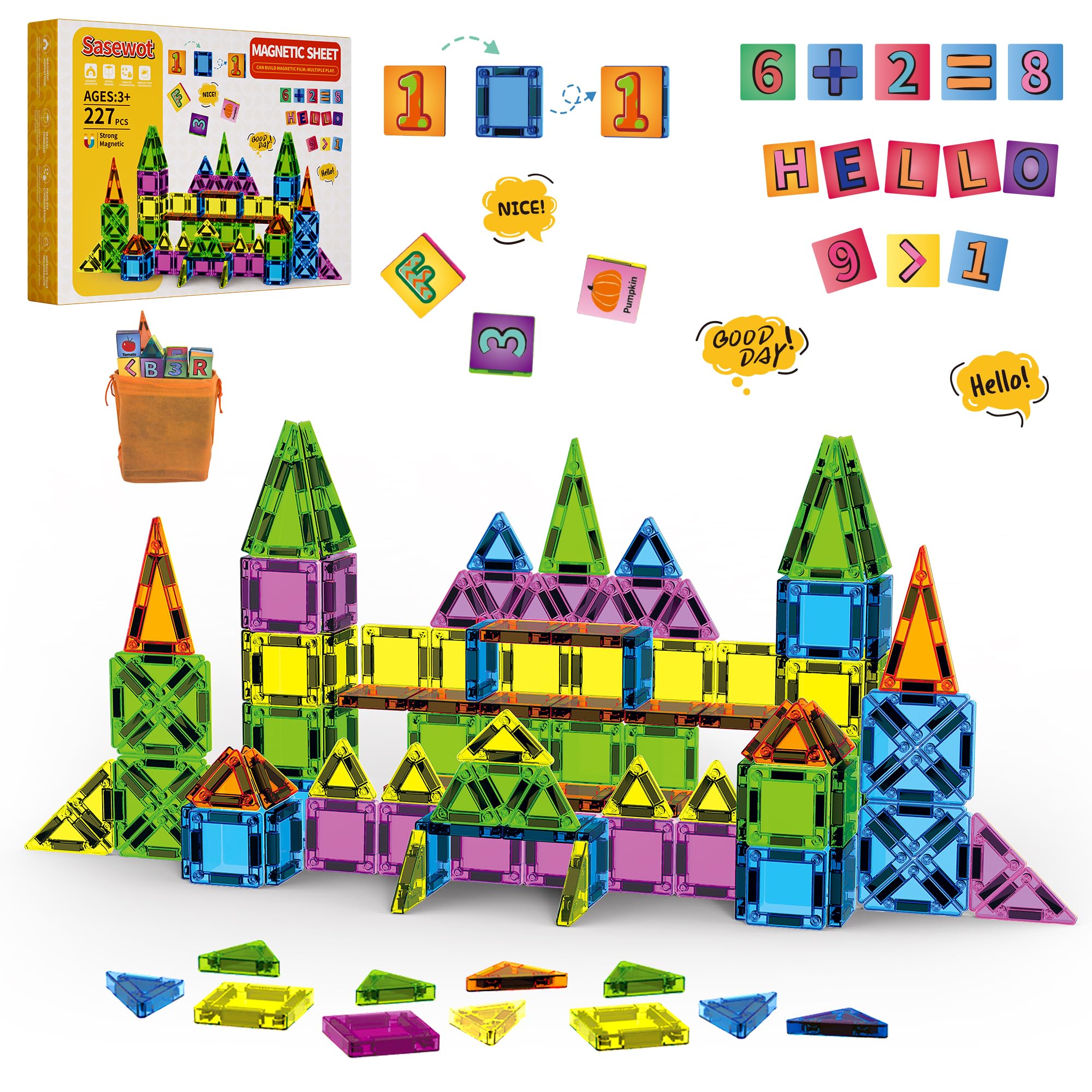 Magnetische Bausteine, Magnetic Teile,Mit Magnetische Buchstaben & Wörter, Magnetspiel STEM Magnetbausteine für Geschenk mädchen Jungen, Montessori Spielzeug ab 2 3 4 5 6 7 8 Jahre Kinder (227)
