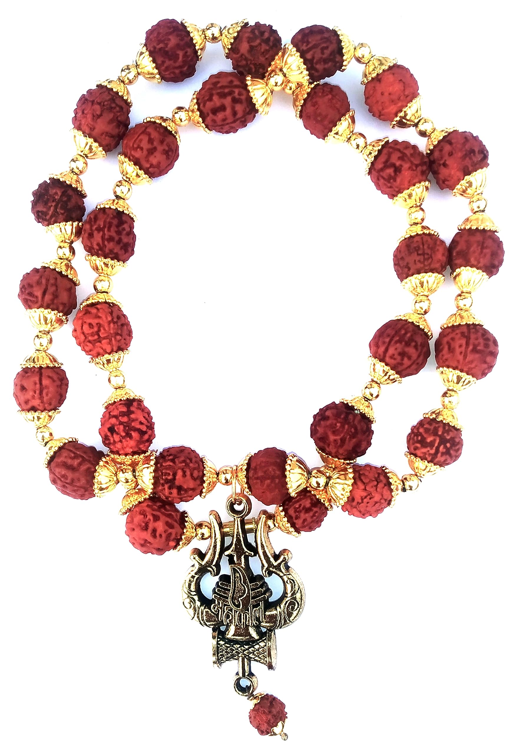 Traditional Golden Gold-Plated Brass, Wood Lord Shiv Trishul Locket with Panchmukhi Rudraksha Mala for Men and Women Gold Plated Om Kavach Brown Brass Pendant Necklace-image-40