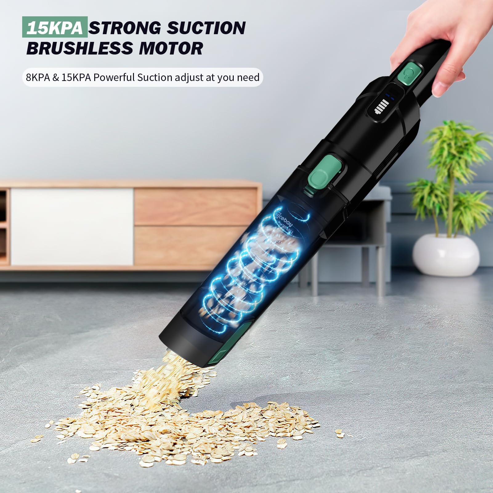 Nicebay Cordless Handheld Vacuum with LED Dispay, Hand Vacuum 15KPA Powerful Suction with Fast Charging Dock, Portable Handheld Vacuum, Rechargeable Hand Held Vacuum for Home, Office, Pet and Car