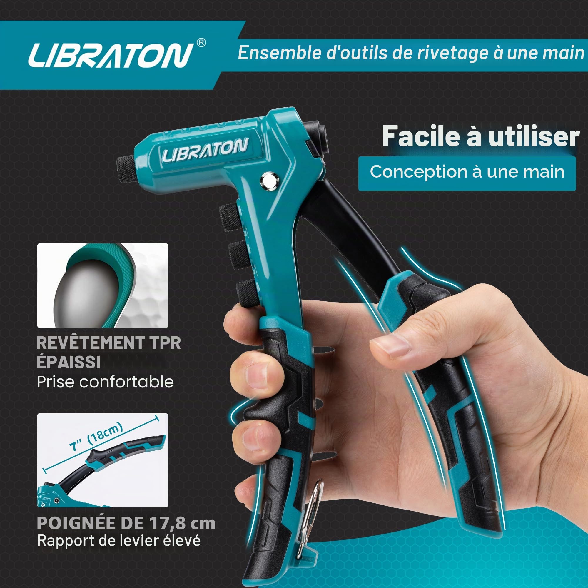 LIBRATON Pince à Riveter Professionnelle, Riveteuse Manuelle, Pince Rivet Aveugle, Pistolet à Rivet Pop avec 4 Types de Perceuses HSS et 200 Pièces Rivets 2,4mm 3,2mm 4mm 4,8mm