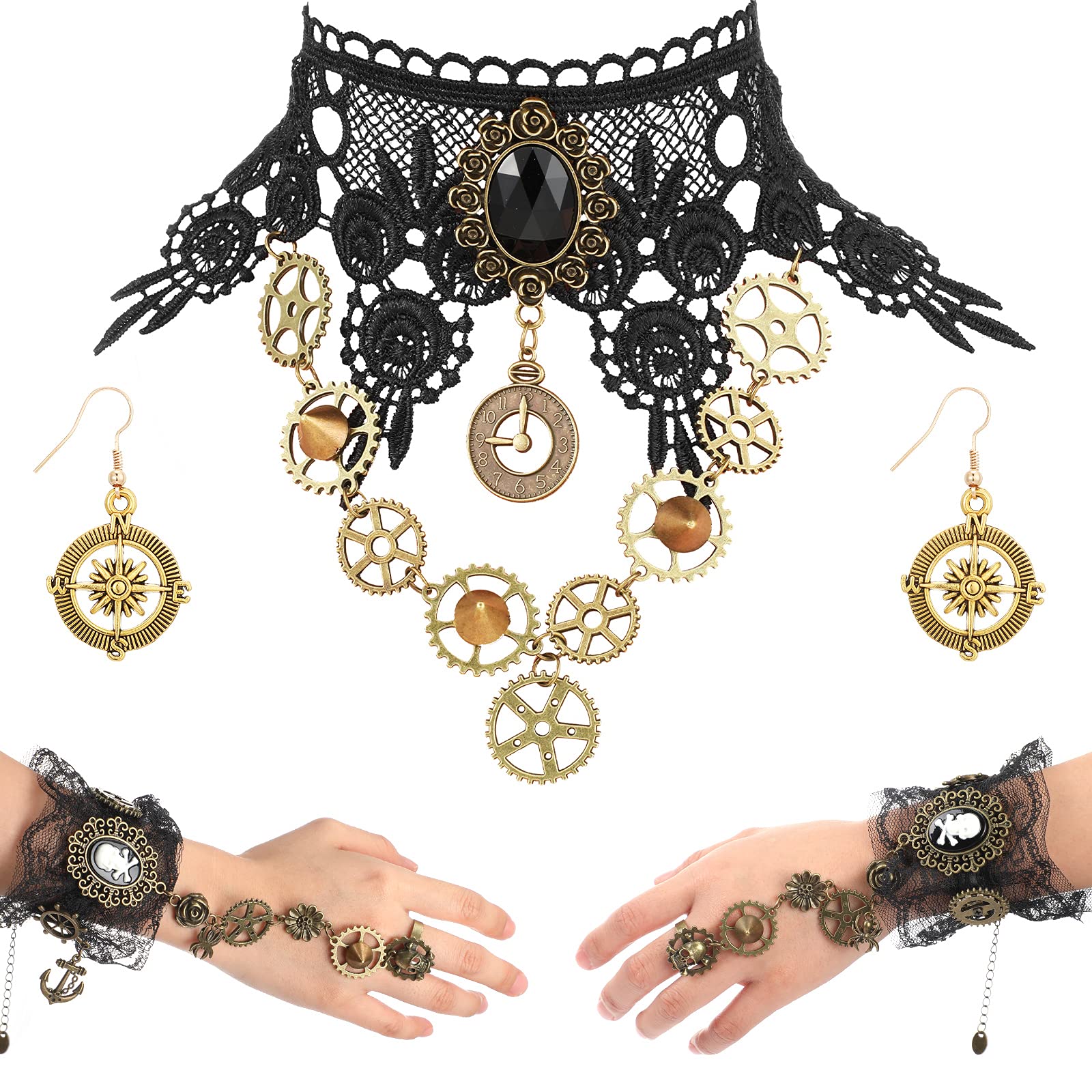 HicarerWomen Steampunk Necklace Steampunk Jewelry Set Steampunk Gear Collar Necklace and Wristband Set