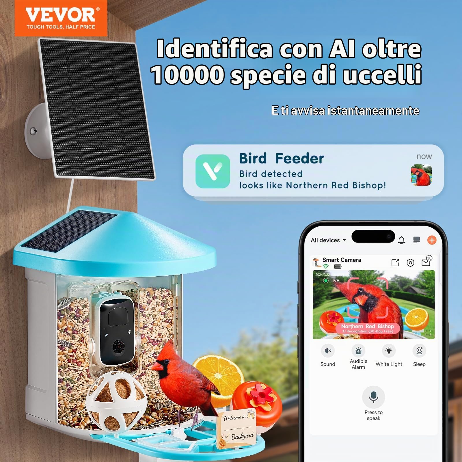 VEVOR Mangiatoia per Uccelli Intelligente con Telecamera, 2K HD AI Identifica Oltre 10000 Specie di Uccelli, Energia Solare con Acquisizione Automatica e Notifica Istantanea, 3 Pannelli Solari