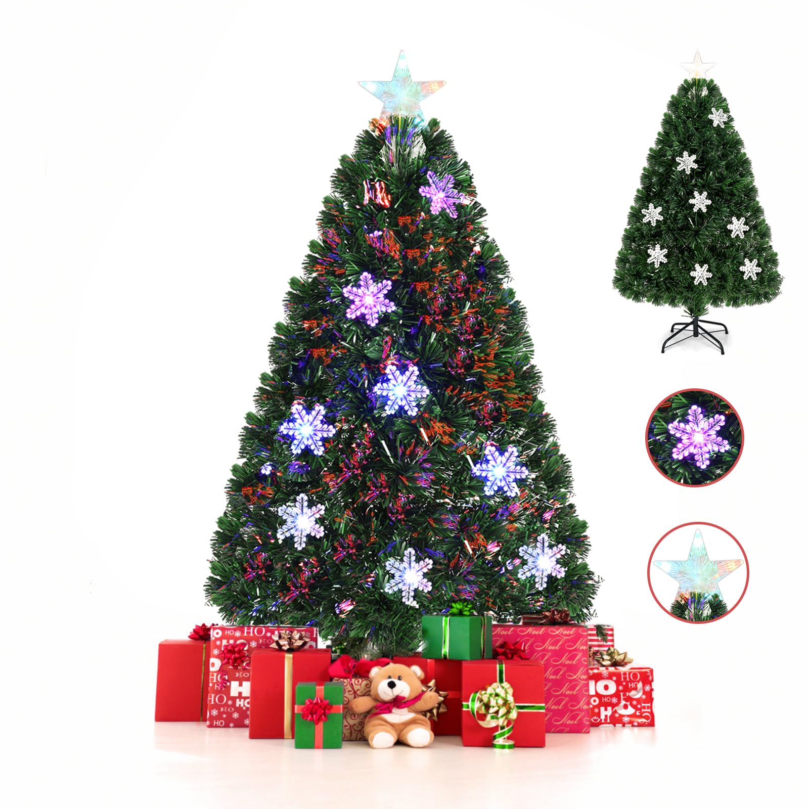 GOPLUS Sapin de Noel Lumineux LED, 120cm Sapin de Noël Artificiel Fibre Optique avec 18 Flocons de Neige Lumières et Etoile Sommet, 125 Branches Touffues, Décoration Noël