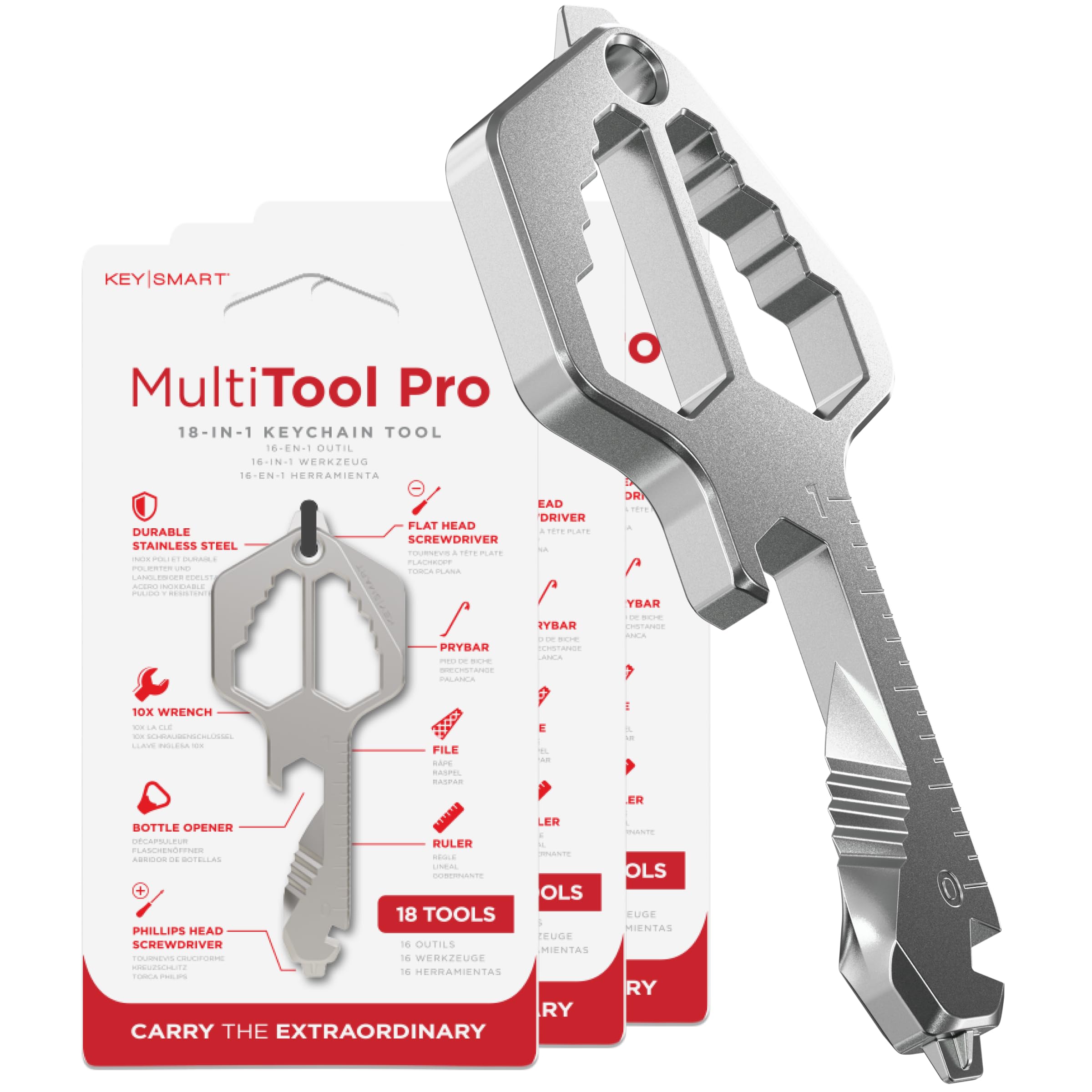 KeySmart Multitool Pro - 18-in-1 Multifunction Key Shaped Tool Pocket Multi-Tool Key Chain Bottle Opener Keychain, Key Multitool Keychain for Men Gift, EDC Gear Keychain, Stainless Steel, 3 Pack