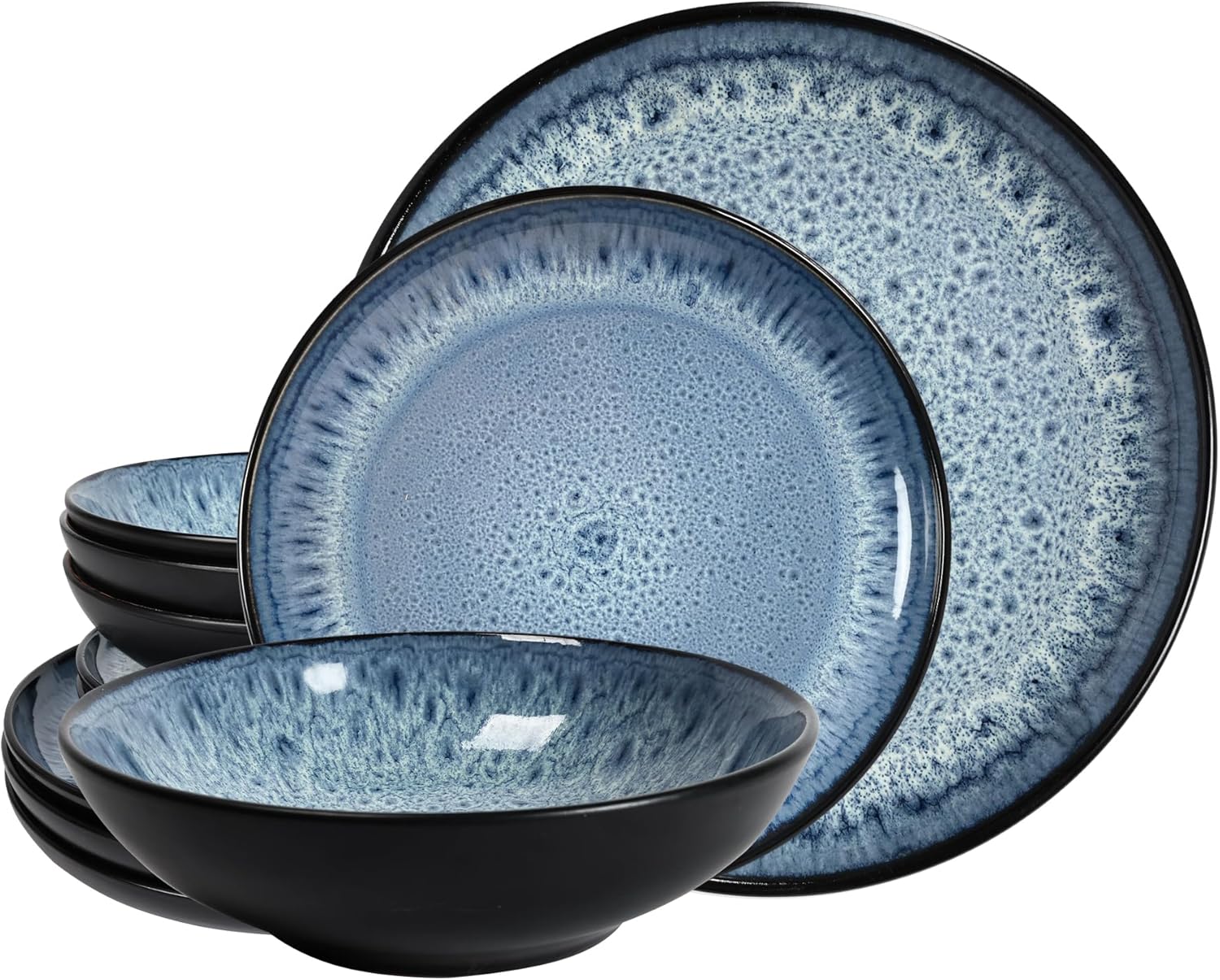 TUDOR ROYAL 12-Piece Round Dinnerware Set, Service for 4, REACTIVE GLAZE Collection, Blue color, Plates Bowls Mugs Dishes, Premium Quality Tableware, Glossy