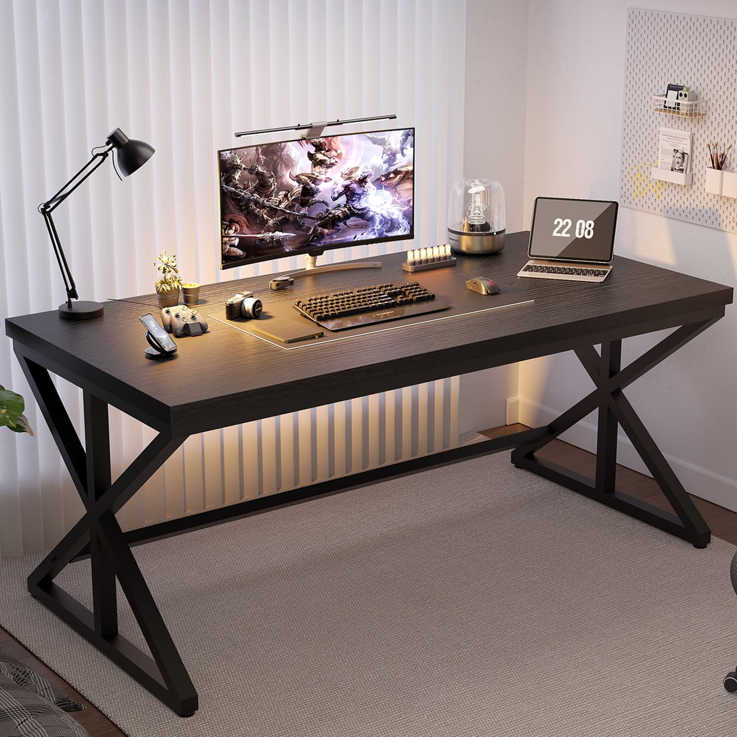 IBF Modern Black Computer Desk, Long Home Office Desk for Writing Study, Large Simple Wood Metal Work Desk in Bedroom, Big Industrial Pc Gaming