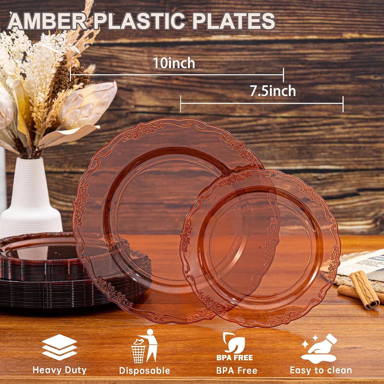 Tinybee 60PCS Amber Plastic Plates - Clear Brown Plastic Plates Disposable image 2