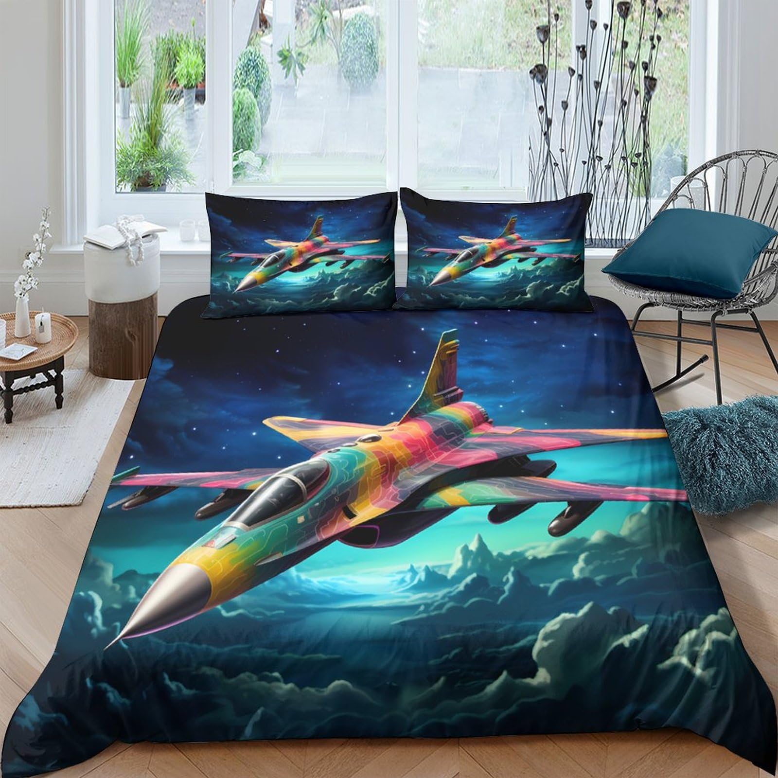 Ctjqhvkz Style-5 3D Printed Colorful Fighter Jet Fitted Sheet Microfiber Soft Airplane Bed Cover For Bedroom Living Room Dorm Decor Single（135X200cm）