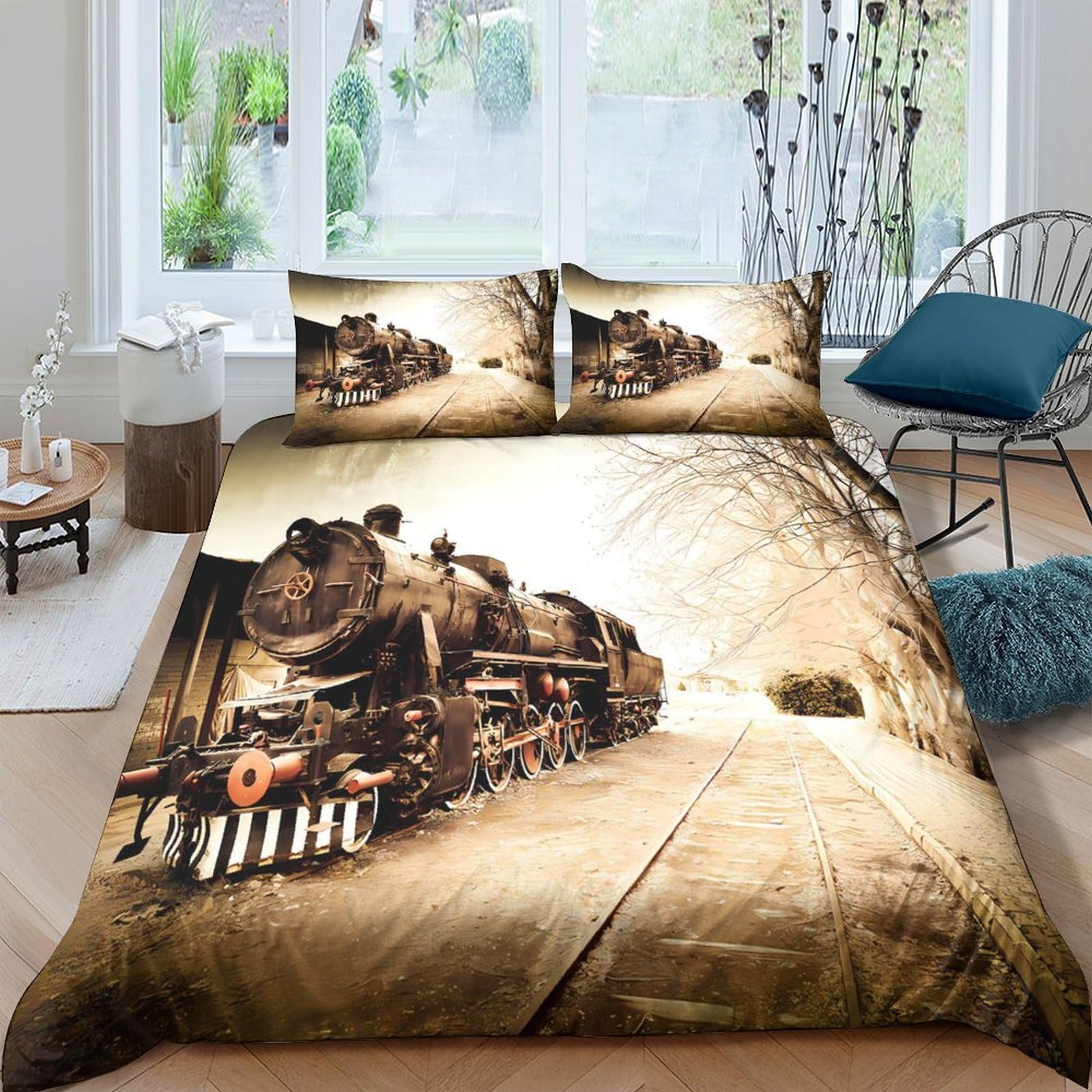 Ctjqhvkz Style-10 3D Printed Vintage Train Fitted Sheet Microfiber Soft Breathable Steam Locomotive Bed Cover For Bedroom Dorm Decor Single（135X200cm）