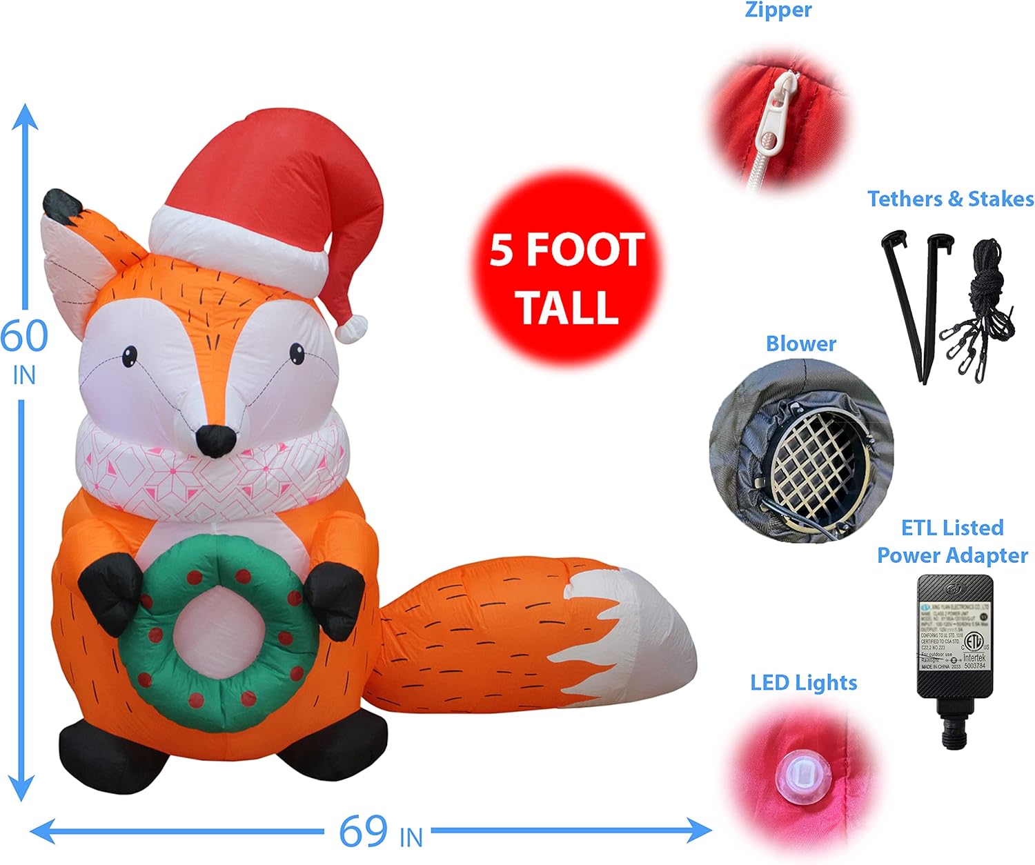 5 FT Lighted Christmas Inflatable Fox with Hat & Wreath – Outdoor/Indoor Yard Blow-Up Holiday Decoration with Built-in LED Lights, Self-Inflating Blower & Weather-Resistant Material