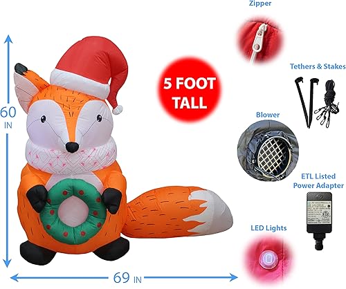 Miniatura 2 de BZB Goods Zorro inflable de Navidad iluminado de 5 pies de alto con sombrero de Navidad y corona, luces LED para interiores y exteriores,