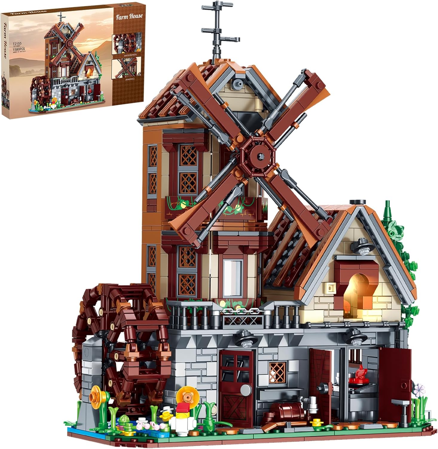 Medieval Windmill Farmhouse Building Set 1580 Pieces Rustic Cottage Architecture Model with Rotating Blades & Water Wheel Retro Village Construction Toy Creative Home Decor Gift for Adults