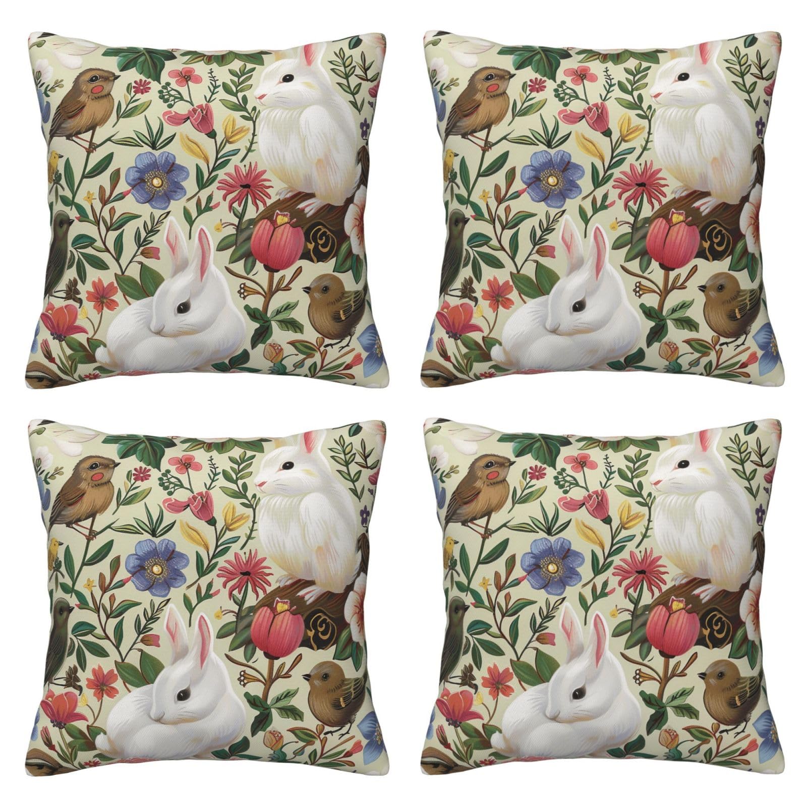 Flowers Bunnies Birds Throw Pillow Cases 4 Pack Square Pillowcases Super Soft Pillow Protectors With Zipper for Couch Livingroom Sofa Bed Office Car,30x30 CM