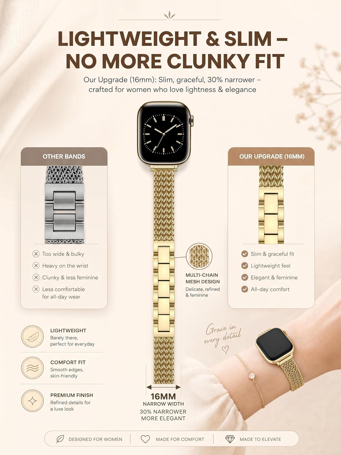 Minyee Compatible with Apple Watch Band for Women 42/41/40/38/44/45/46/49mm, Dressy Stainless Steel Metal Link Bracelet, Luxury Chain Designer Strap for iWatch Series 11 10 9 8 7 6 5 4 Ultra/SE 3 2 1 image 3