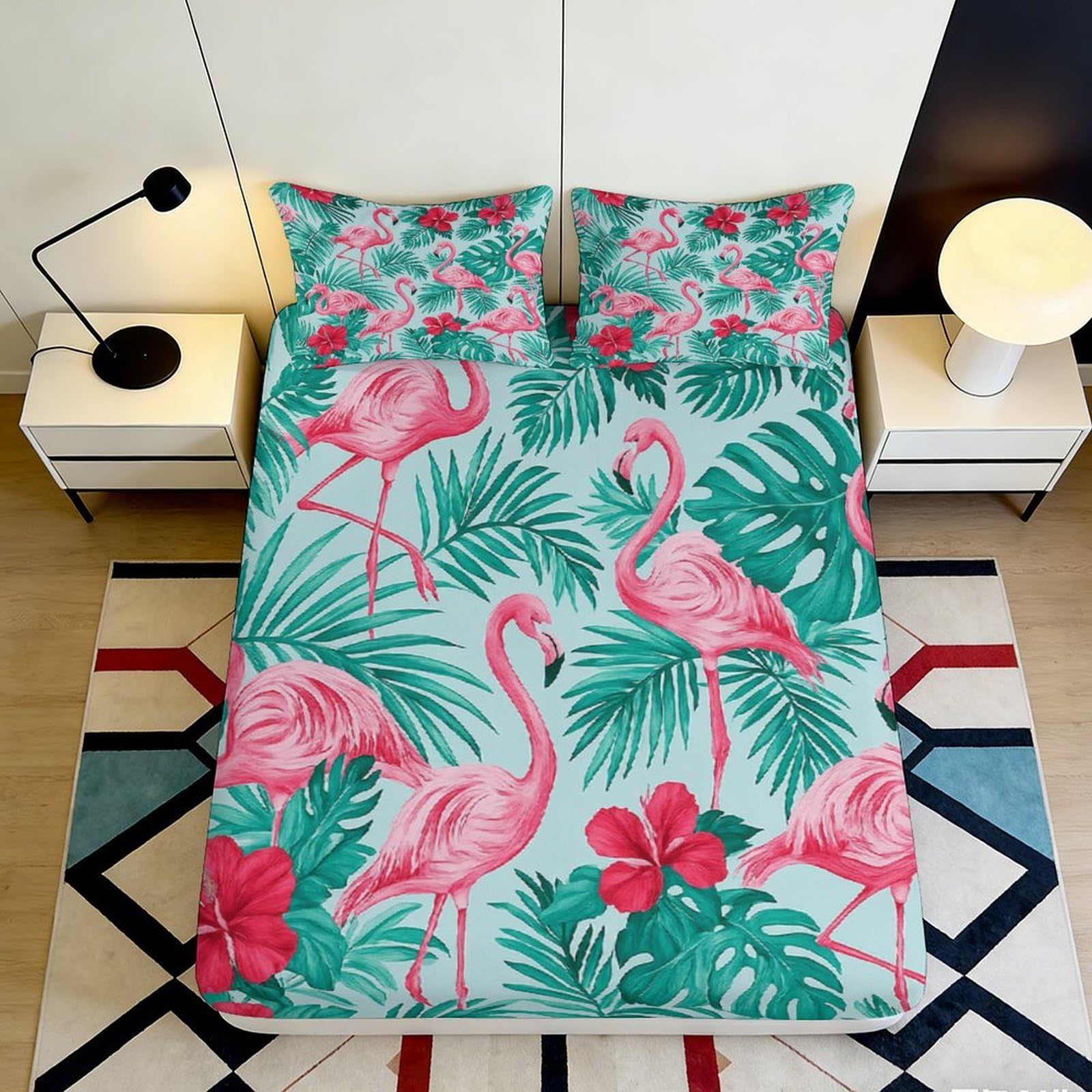 3D Printed Flamingo Tropical Leaves Fitted Sheet Microfiber Soft Breathable Hibiscus Bed Cover for Bedroom Dormitory Guest Room Mattress Protection Decor 120x200x25cm