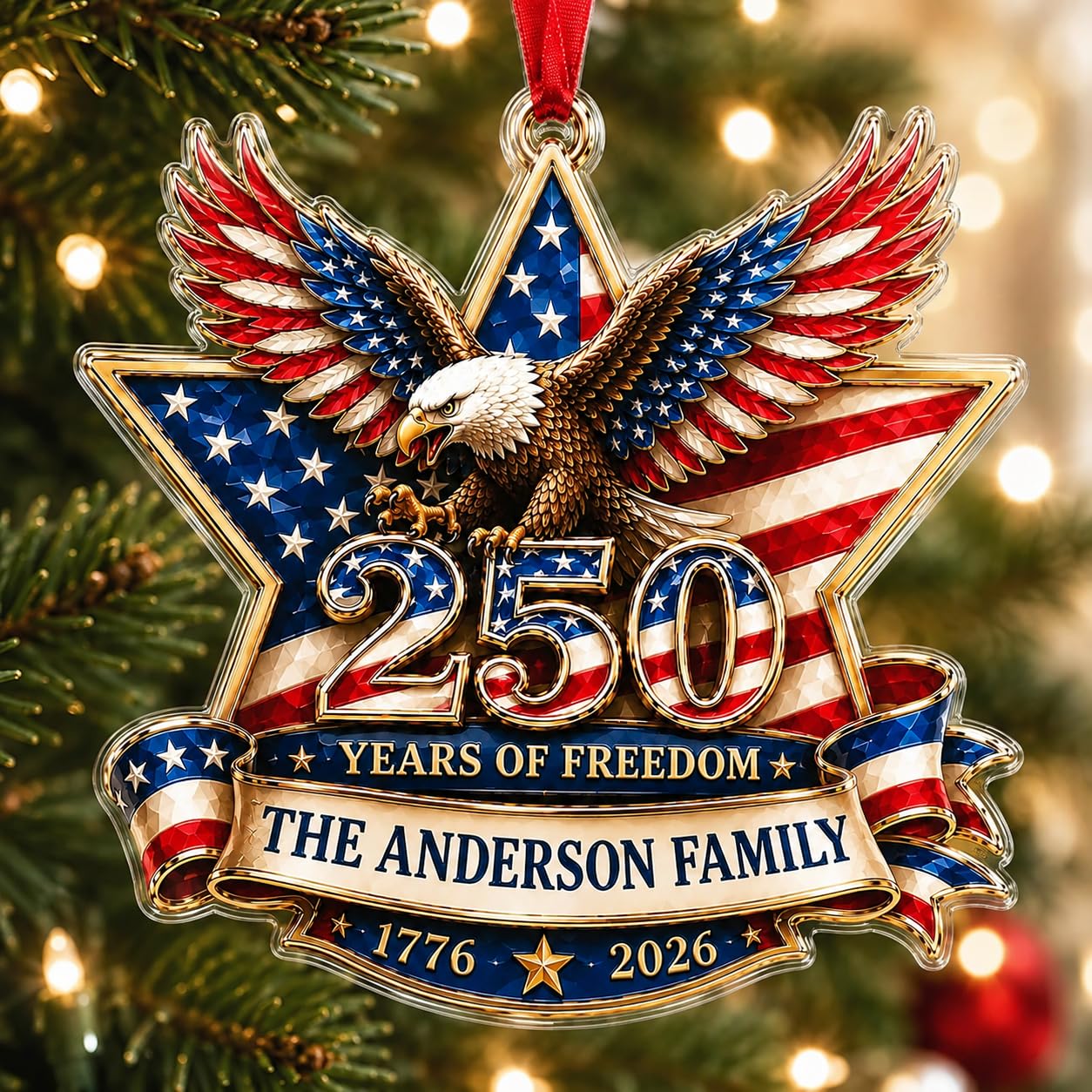 [Made in USA] Personalized 250th Anniversary USA Flat Acrylic Christmas Ornament, Custom Family Name Patriotic Eagle Star Ornament, 1776-2026 250 Years of Freedom Holiday Keepsake Gift