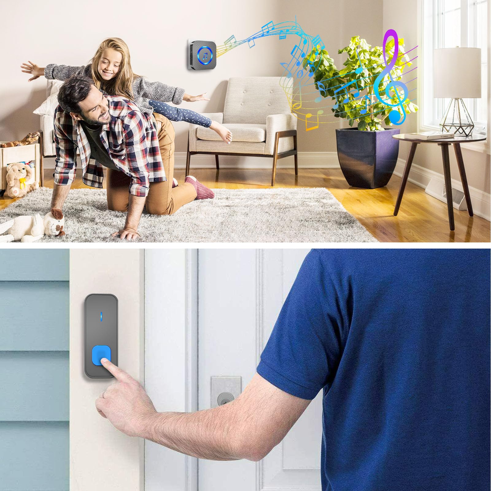 SURFOU Sonnette de porte électrique sans fil étanche avec récepteur enfichable, fonctionne à piles à 0,4 m de long avec 55 mélodies, 5 volumes, flash LED, noir