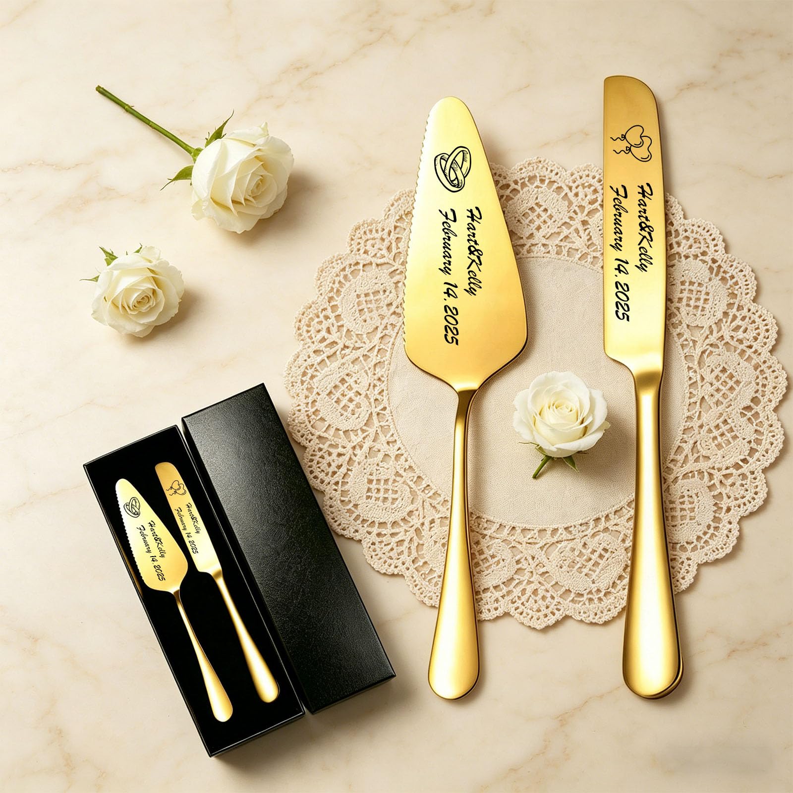 RSQGT Personalised Wedding Cake Knife and Server Set, Custom Engraved Stainless Steel Cutter Slice, Practical Present for Bride and Groom (Gold) — image 1
