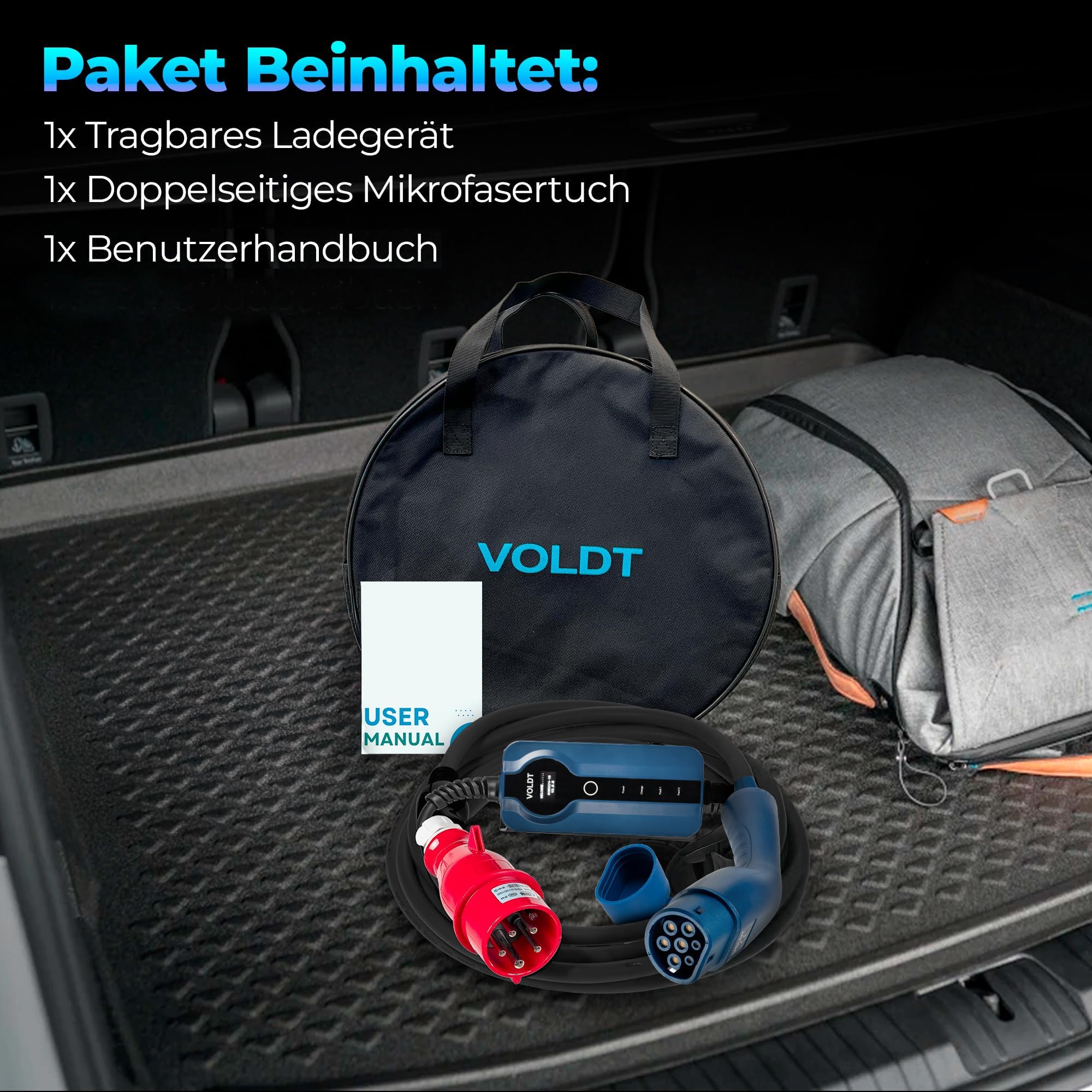 VOLDT Kabel do ładowania typu 2 11 kW, ładowarka z wtyczką CEE, 8 A - 16 A, trójfazowa mobilna stacja ładująca Wallbox z wyświetlaczem do pojazdów elektrycznych IP69, TÜV, ochrona CE, przenośna