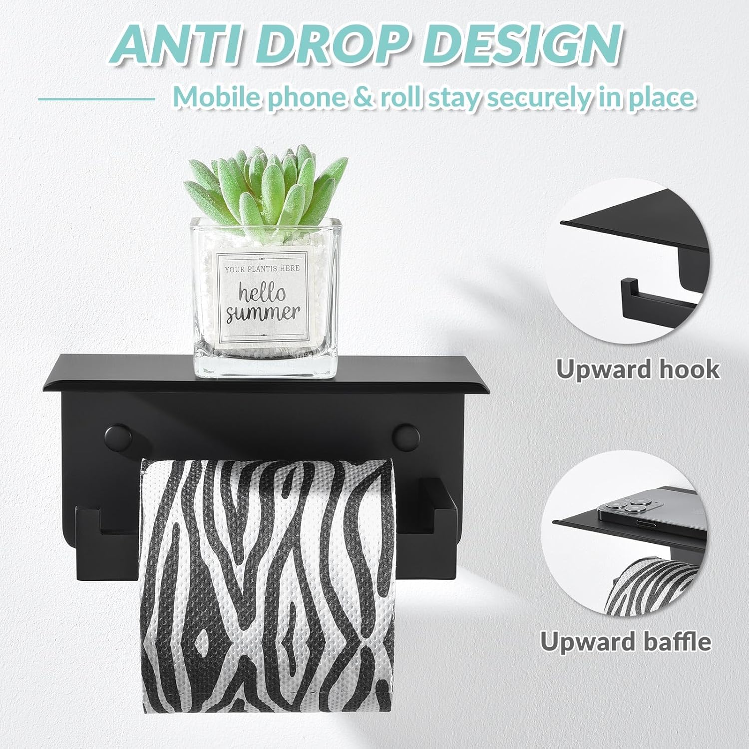 APLusee Matte Black 304 Stainless Steel Toilet Paper Holder with Shelf, Swivel Towel Hook Bundle, Wall Mounted