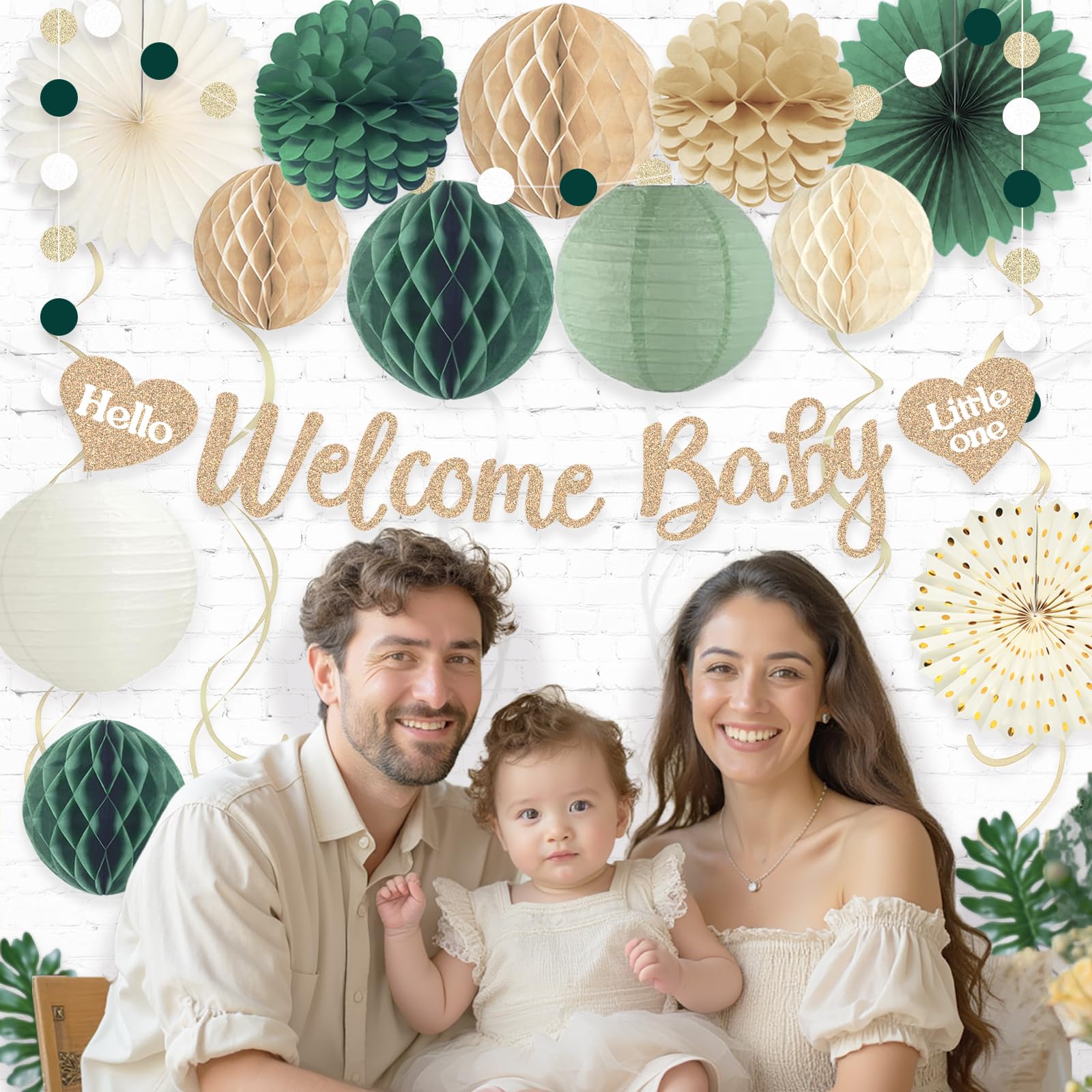 Sage Green Baby Shower Decorations Boy, Pre-Strung Welcome Baby Sign with Honeycomb Balls, Paper Flowers, Lanterns, Fans, Hanging Swirls, Circle Dots Garland for Boy Baby Shower Decorations 24pcs