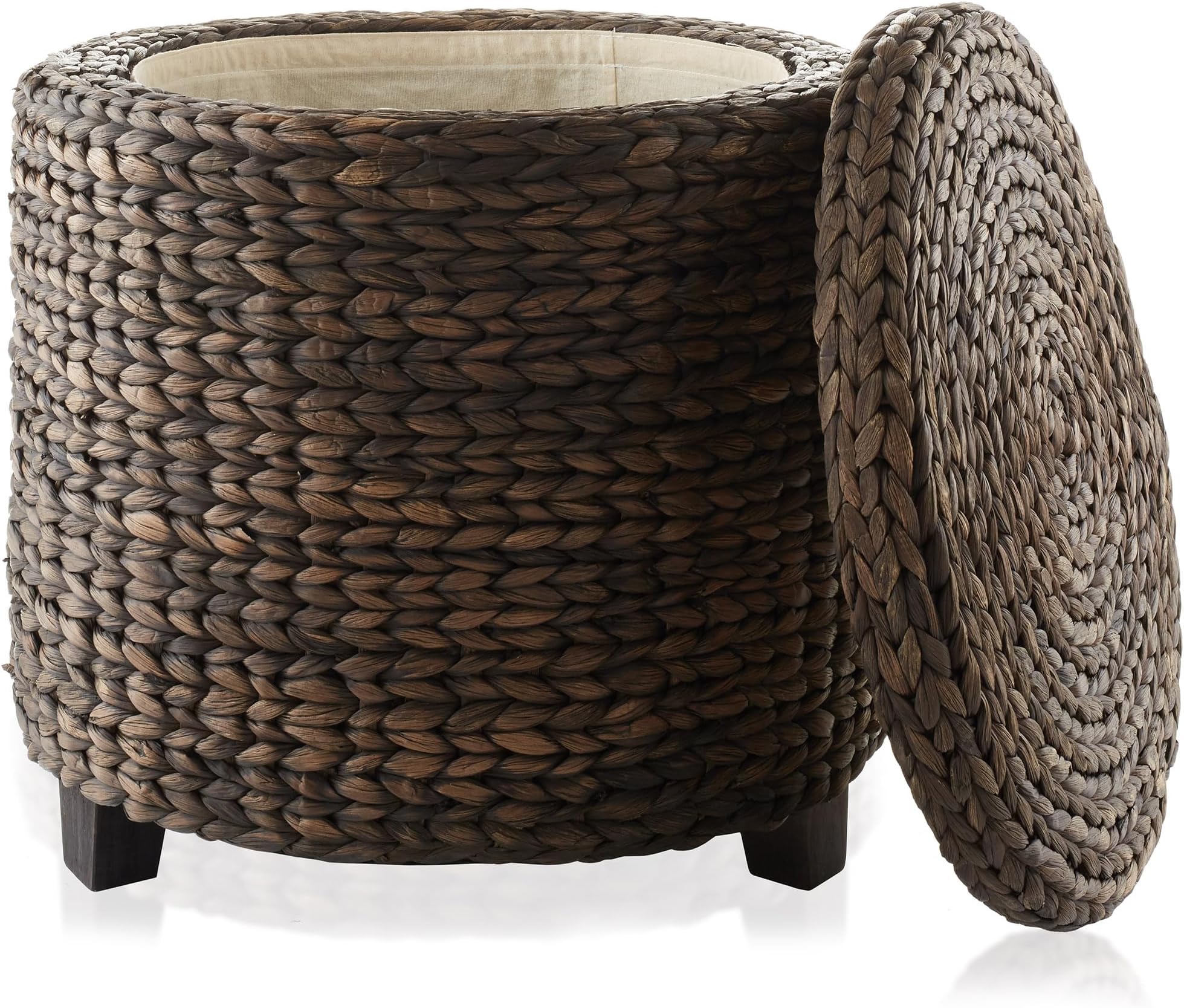17" Round Storage Ottoman with Lid - Espresso, Handwoven Water Hyacinth Footstool for Living Room, Bedroom, Bathroom, Home Office