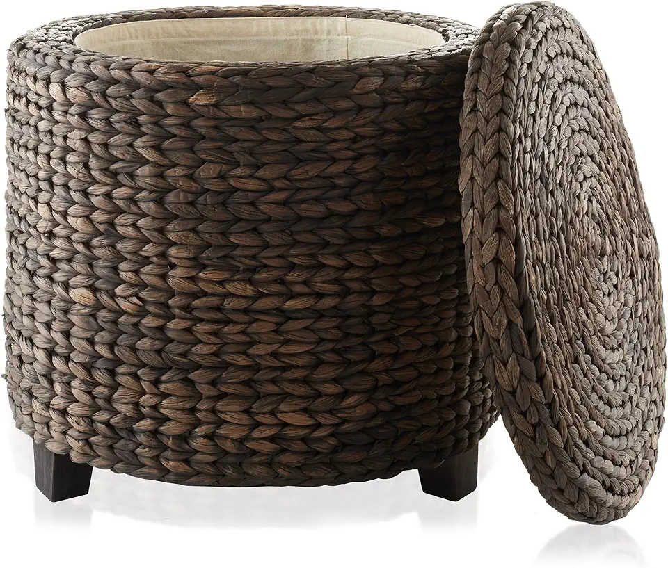 Casafield 17" Round Storage Ottoman with Lid - Espresso, Handwoven Water Hyacinth Footstool for Living Room, Bedroom, Bathroom, Home Office