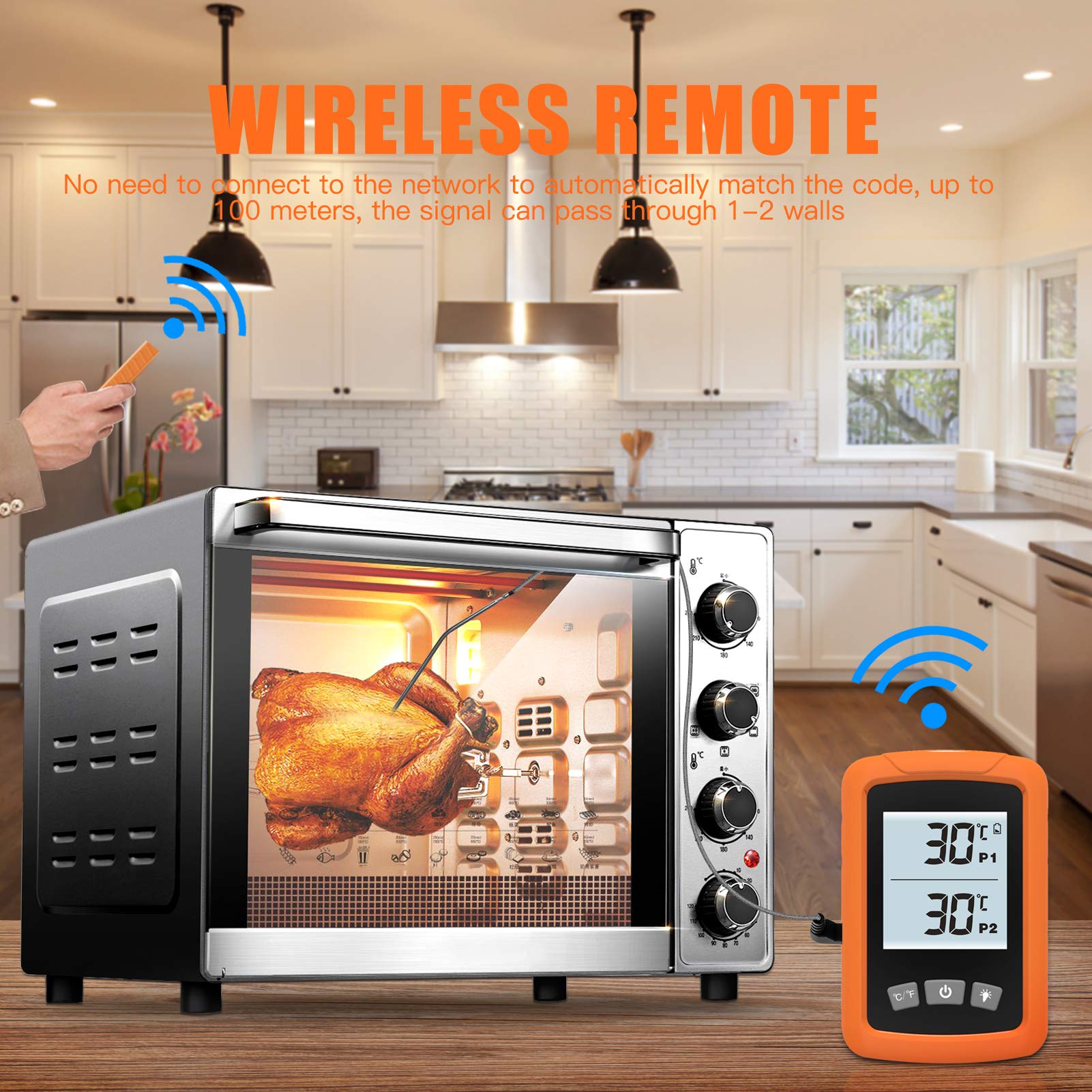 Termómetro inalámbrico digital impermeable con lectura instantánea de alimentos y carne, con sondas dobles para cocina, parrilla, horno, barbacoa, color naranja