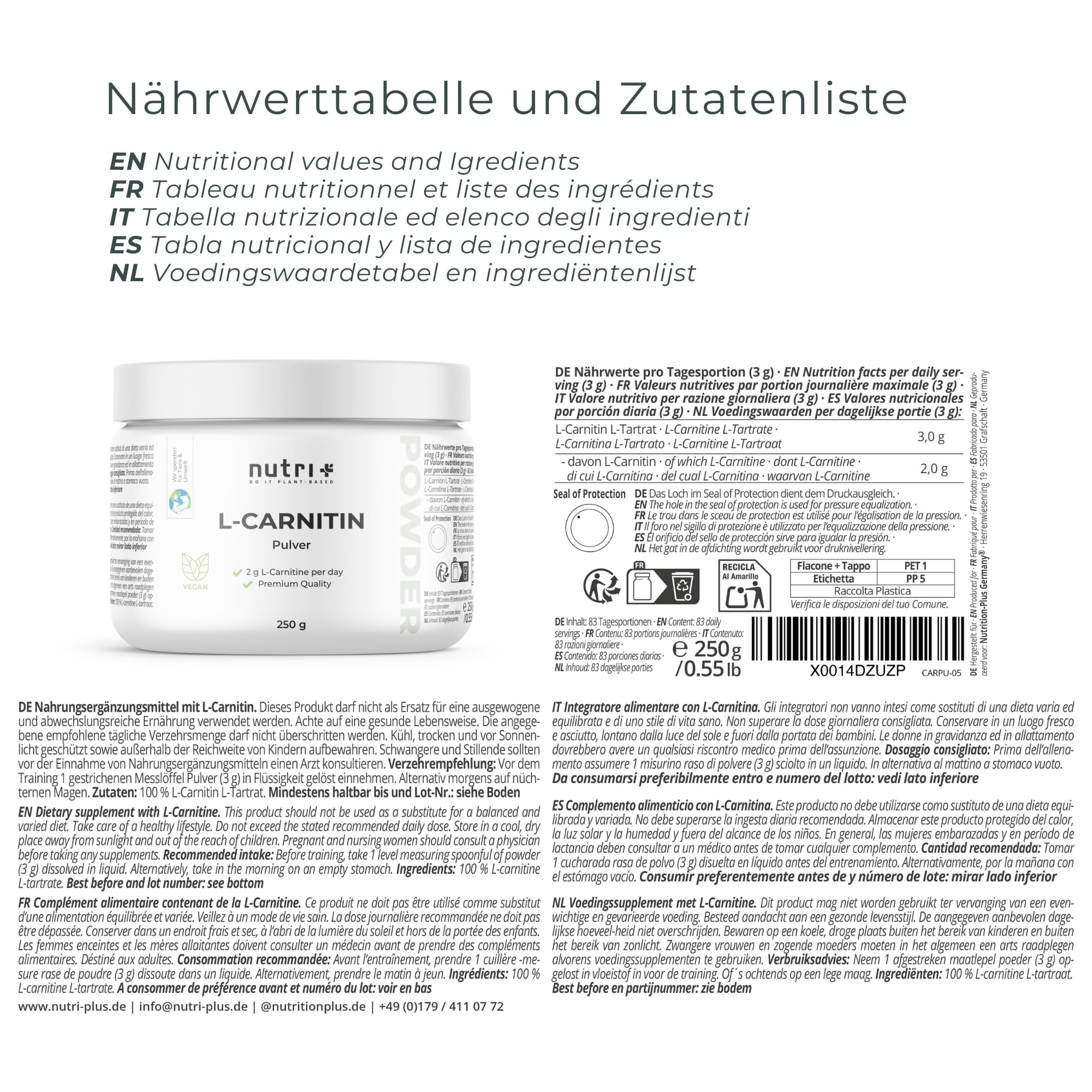 nutri + L-carnitina in Polvere - 100% Carnitina Tartrato vegan Pure Powder 250 g - 3000mg per Porzione - Acido tartarico senza Additivi