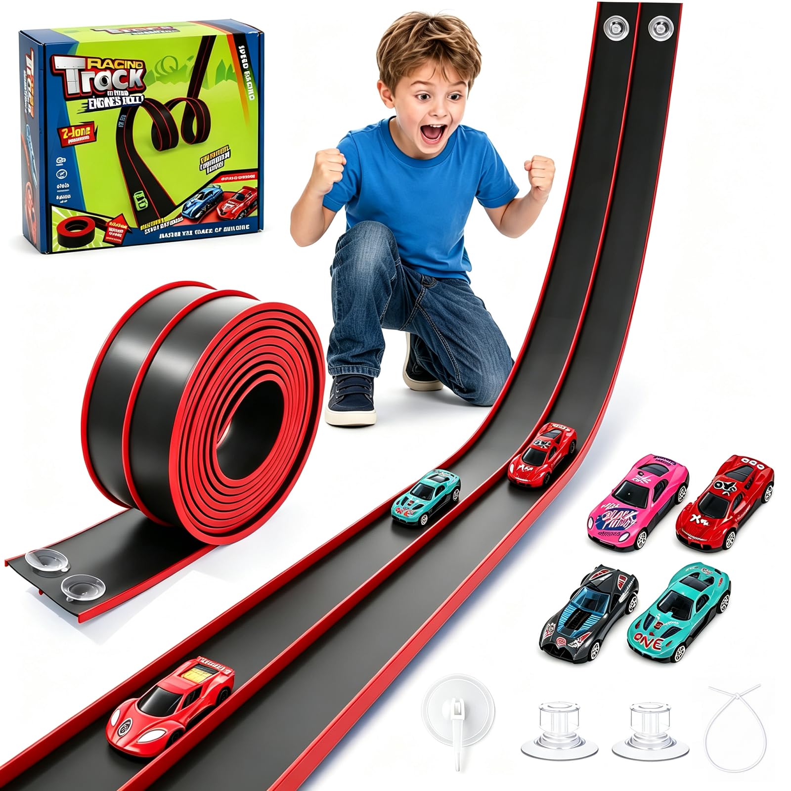 Pista da corsa flessibile per bambini, pista da corsa da 4,5 m, include 4 auto, doppia pista portatile per auto 1:64, regalo giocattolo per bambini dai 3 anni in su, regalo per interni ed esterni