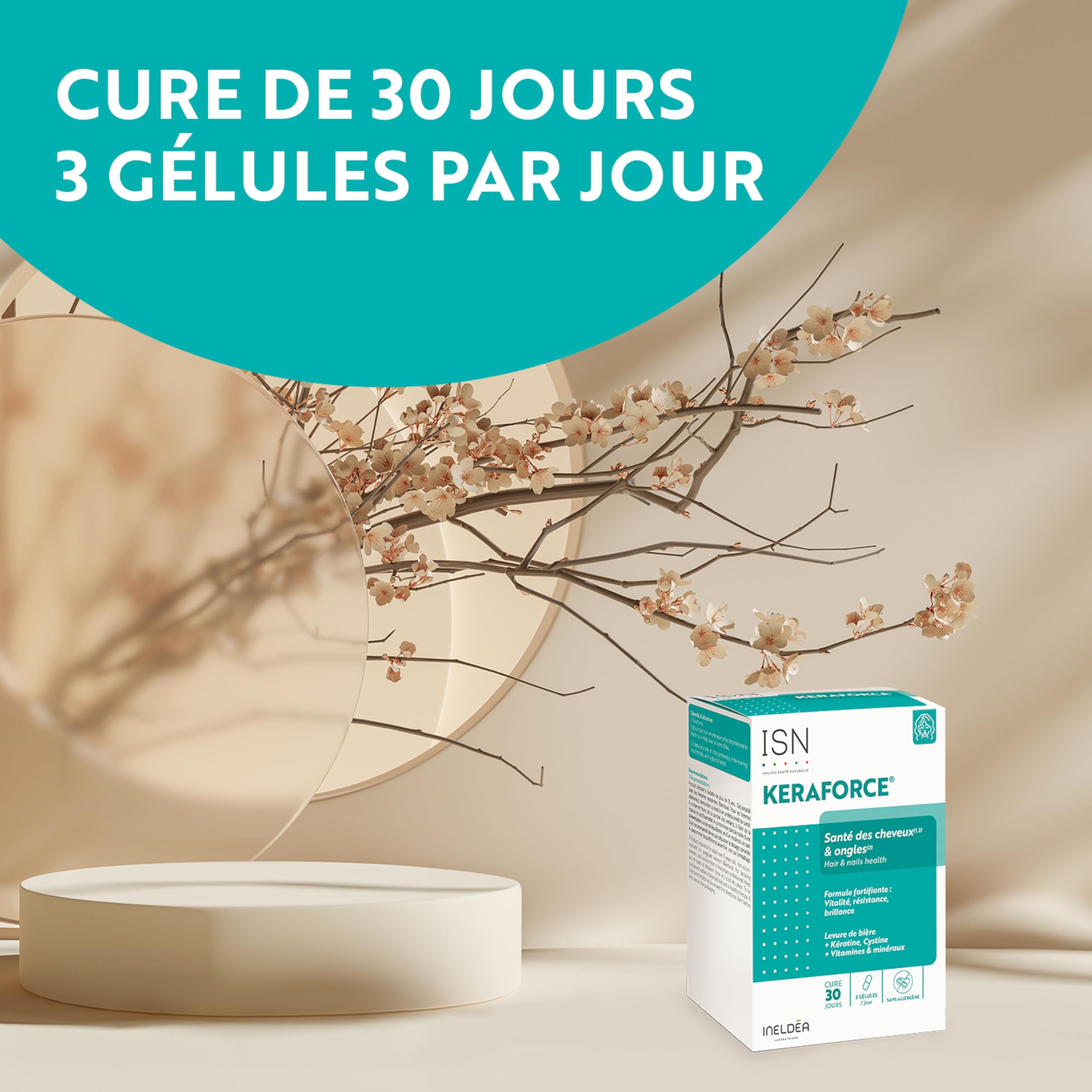 Ineldea Santé Naturelle - Keraforce - Nourrit les cheveux et les ongles - Améliore la résistance et la beauté - Kératine + Levure de Bière + Vitamines - Cure 30j