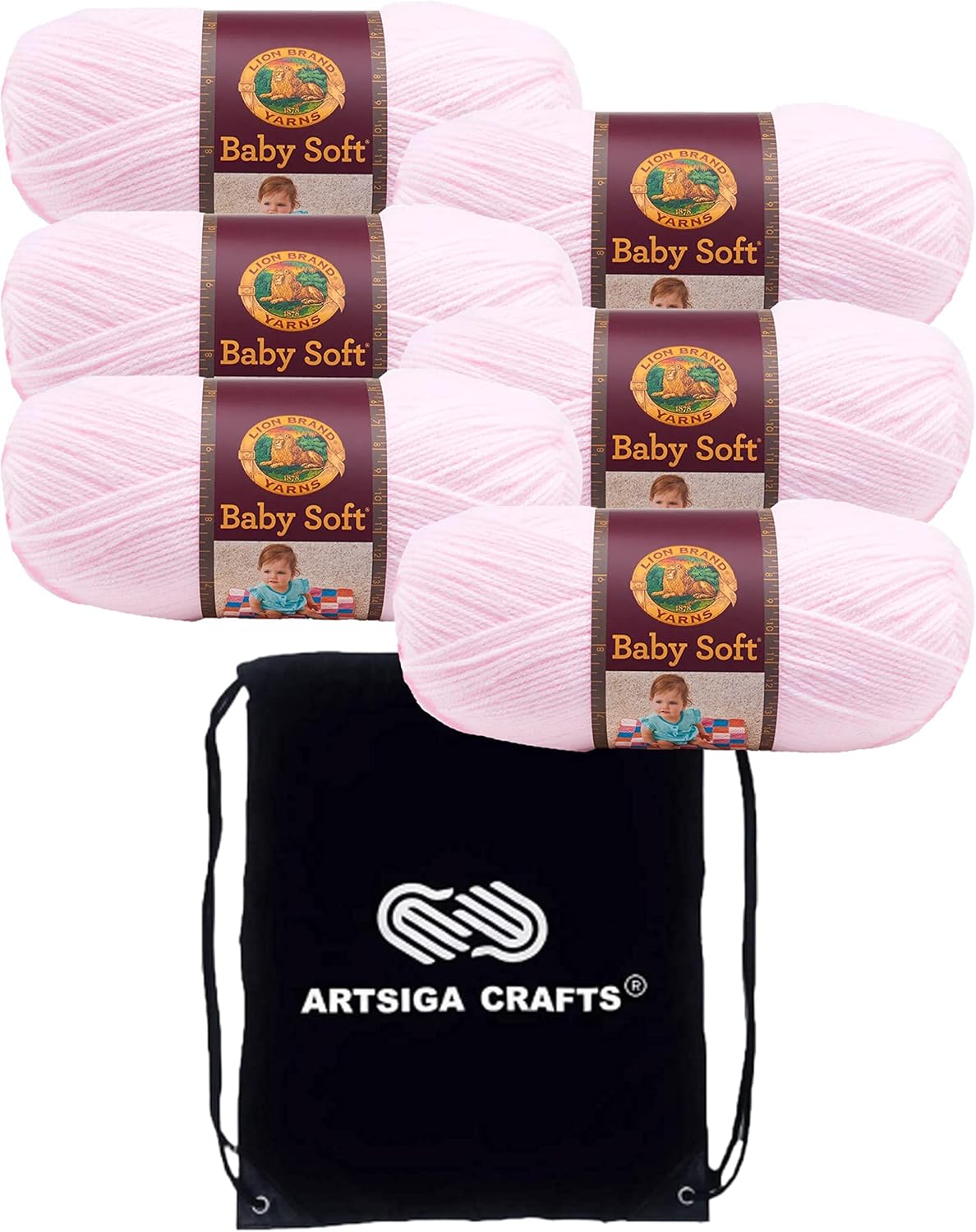 Lion Brand Baby Soft Petal 920-104 (6-Skeins - Same Dye Lot) DK Light Worsted #3 Acrylic Yarn for Crocheting and Knitting with Project Bag