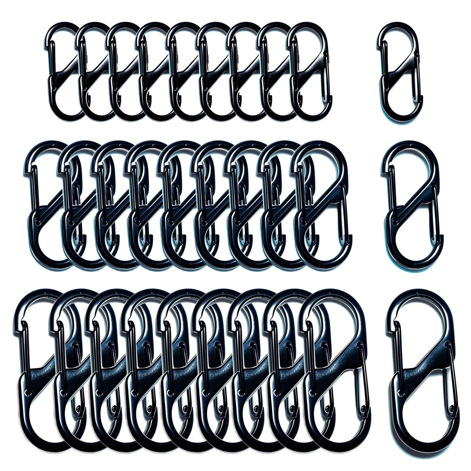 30 Pezzi Moschettone a Forma di S, 48/40/32 mm Portachiavi Piccolo a Doppia Molla, Clip a Molla in Metallo per Casa, Escursionismo, All'aperto, Pesca (Nero)