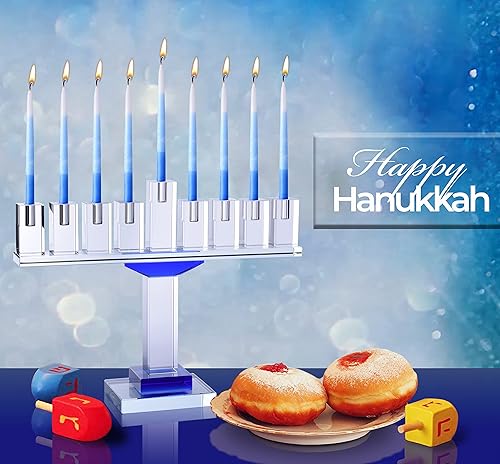Miniatura 5 de Menorá de Hanukkah de cristal azul  Se adapta a todas las velas estándar de Janucá  Menorá moderna de cristal para Janucá  9 pulgadas de alto Ner