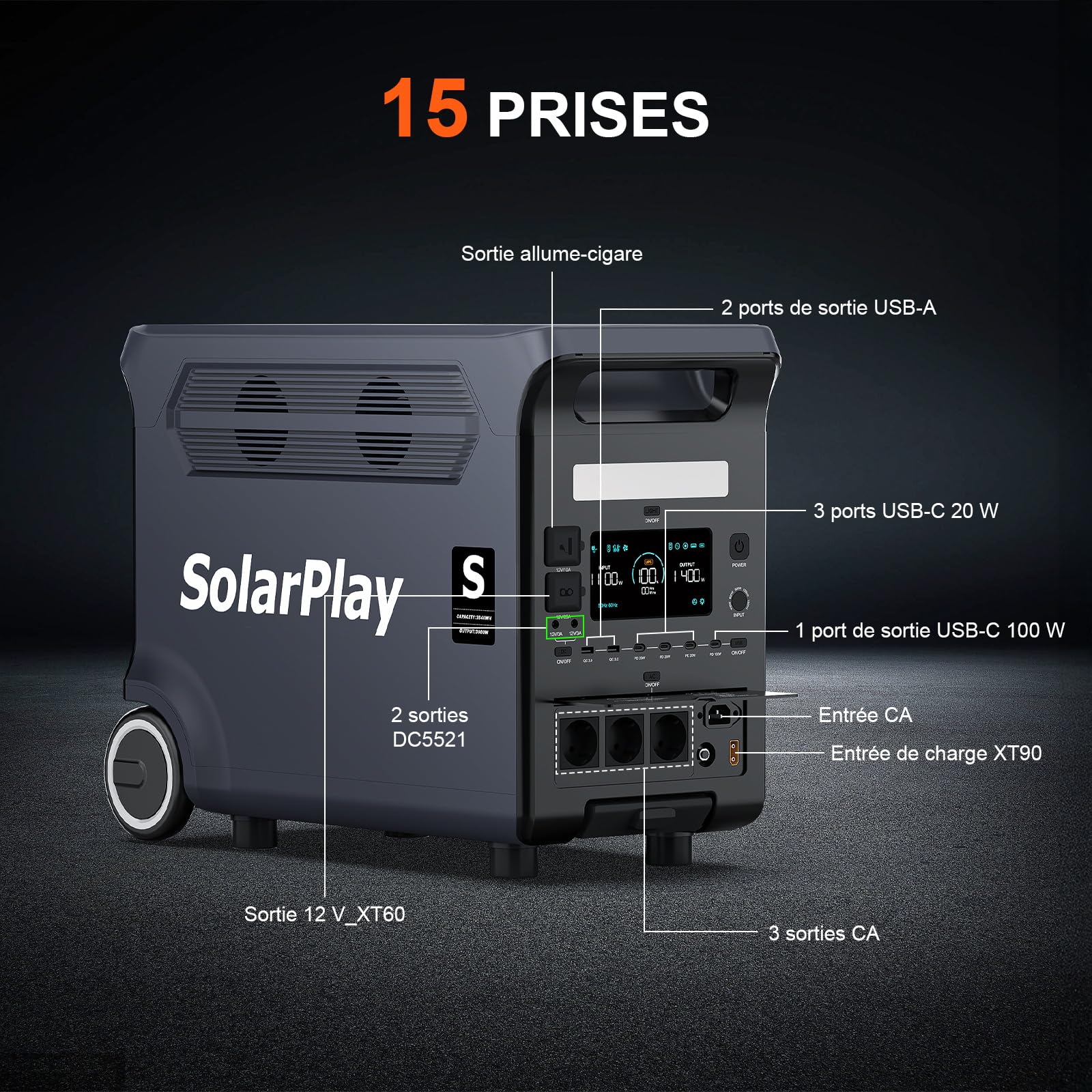 SolarPlay Q3600 Generateur Electrique Portable CA 3600W,Station électrique portable 3840Wh LiFePO4,Recharge rapide 2.5h,UPS,Générateur Électrique Onduleur Alimentation de Secours (Q3600+400W*3)