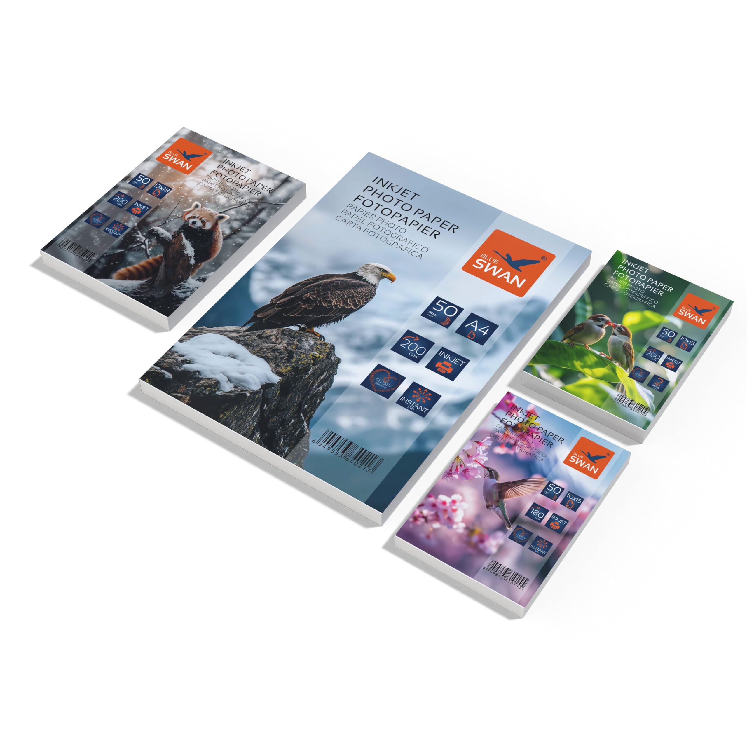BLUE SWAN Carta Fotografica Lucida Combo, 200 Fogli – A4/13x18/10x15, 180/200 g/m², Mono e Bifacciale, Asciugatura Rapida, Resistente ad Acqua e Graffi, Compatibile con Stampanti Inkjet