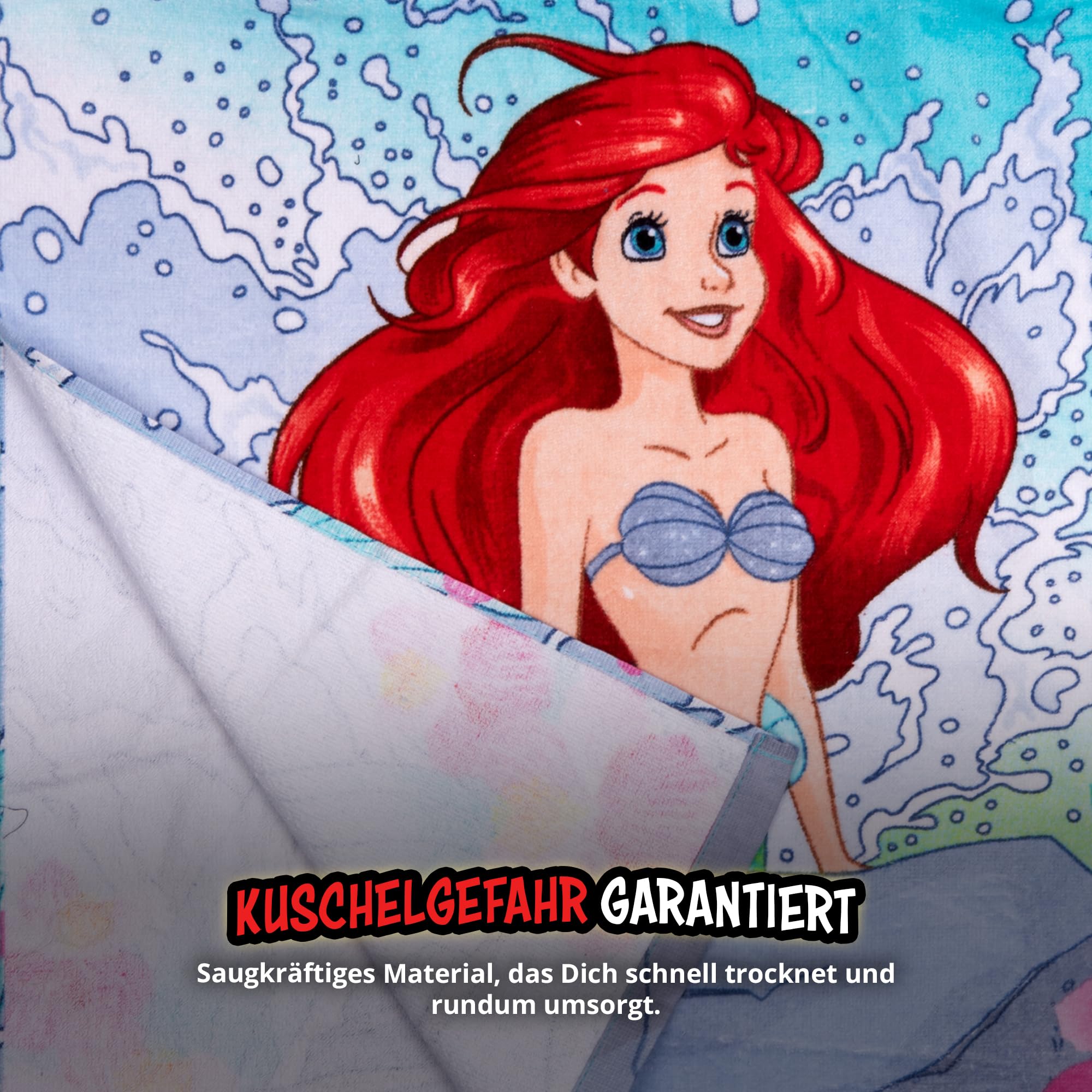 Superweicher Badeponcho Mit Kapuze – Prinzessinnen-Design (Arielle, Rapunzel, Cinderella) Für Kinder 3–6 Jahre, 50x105 Cm, 100% Baumwolle