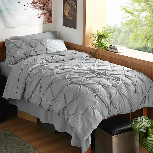 Bedsure Twin XL Comforter Set - Extra Long 5 Pieces Dorm Bedding Sets, GentleSoft™ Pinch Pleat Grey Bed in a Bag with Pintuck Comforter, Sheets, Pillowcase & Sham