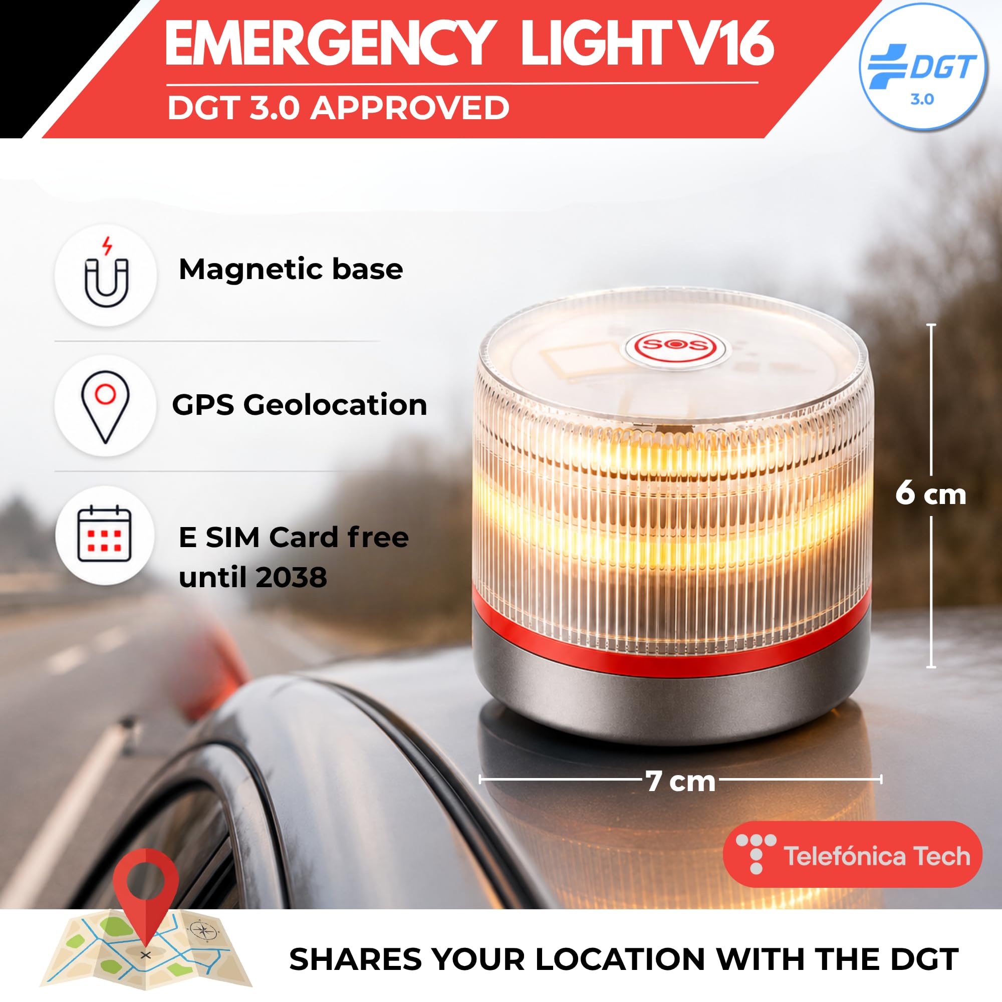 MAGIC SELECT Lumière de Secours V16 DGT 3.0 Homologuée avec Géolocalisation | Clignotante 360º, Base Aimantée, Inclut 1 Pile 9V