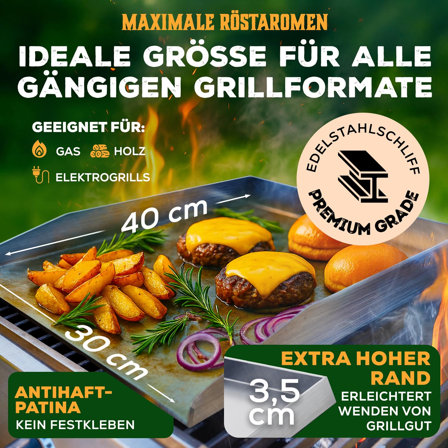 Blumtal Set Plancha Grillplatte Edelstahl inkl. 2 Grillspachteln & Ölflasche - 30x40 cm Plancha Grill Set für perfekte Röstaromen - Grillmatte Gasgrill geeignet - Edelstahl Platte rostfrei & robust