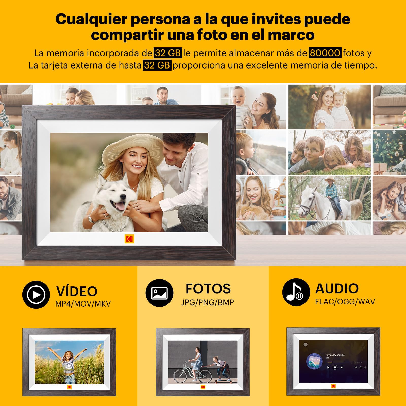 KODAK Marco de Fotos Digital WiFi 10.1 Pulgadas, Memoria Incorporada 32GB, Pantalla Táctil para HD 1280x800 IPS, Soporte Multilingüe, Rotación Automática, Compartir Instantáneamente Fotos y Videos