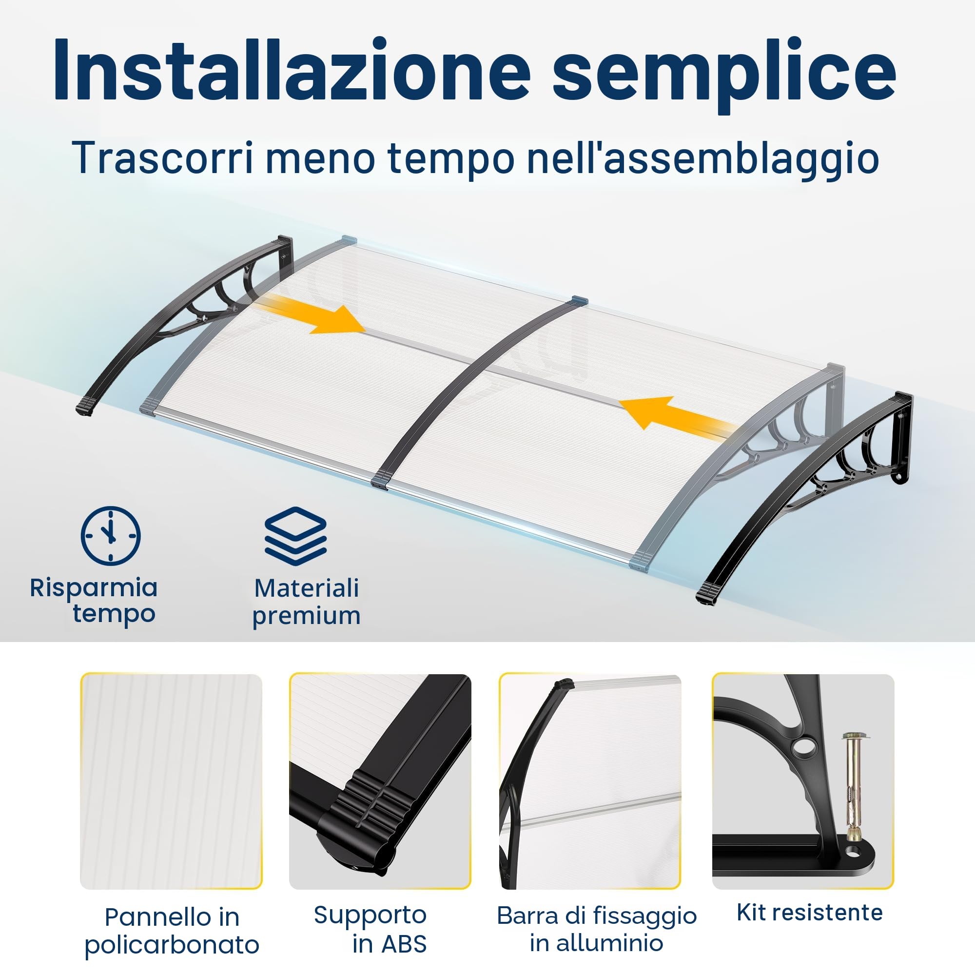 VIVOHOME Pensilina da Esterno Tettoia per Porta 300x100cm Antipioggia in Policarbonato Alluminio Resistente per Porta Finestra Balcone Trasparente